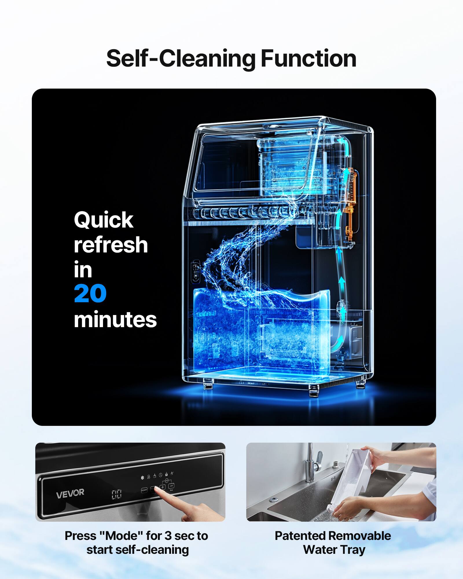 Self-Cleaning Function

Quick refresh in 20 minutes

Press "Mode" for 3 sec to start self-cleaning

Patented Removable Water Tray