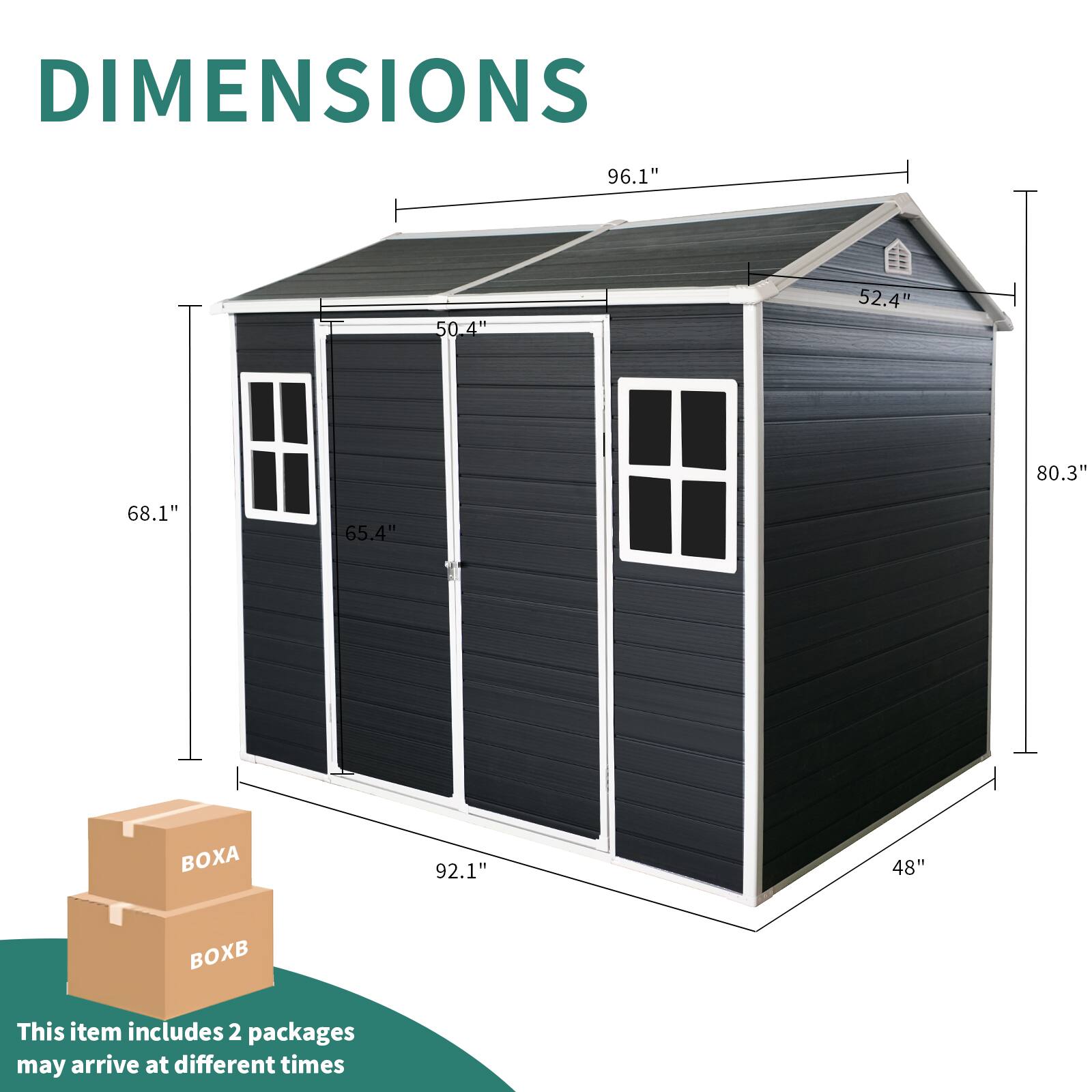 DIMENSIONS  
96.1" x 50.4" x 52.4" x 80.3" x 68.1" x 65.4"  
92.1" x 48"  
BOX  
This item includes 2 packages may arrive at different times