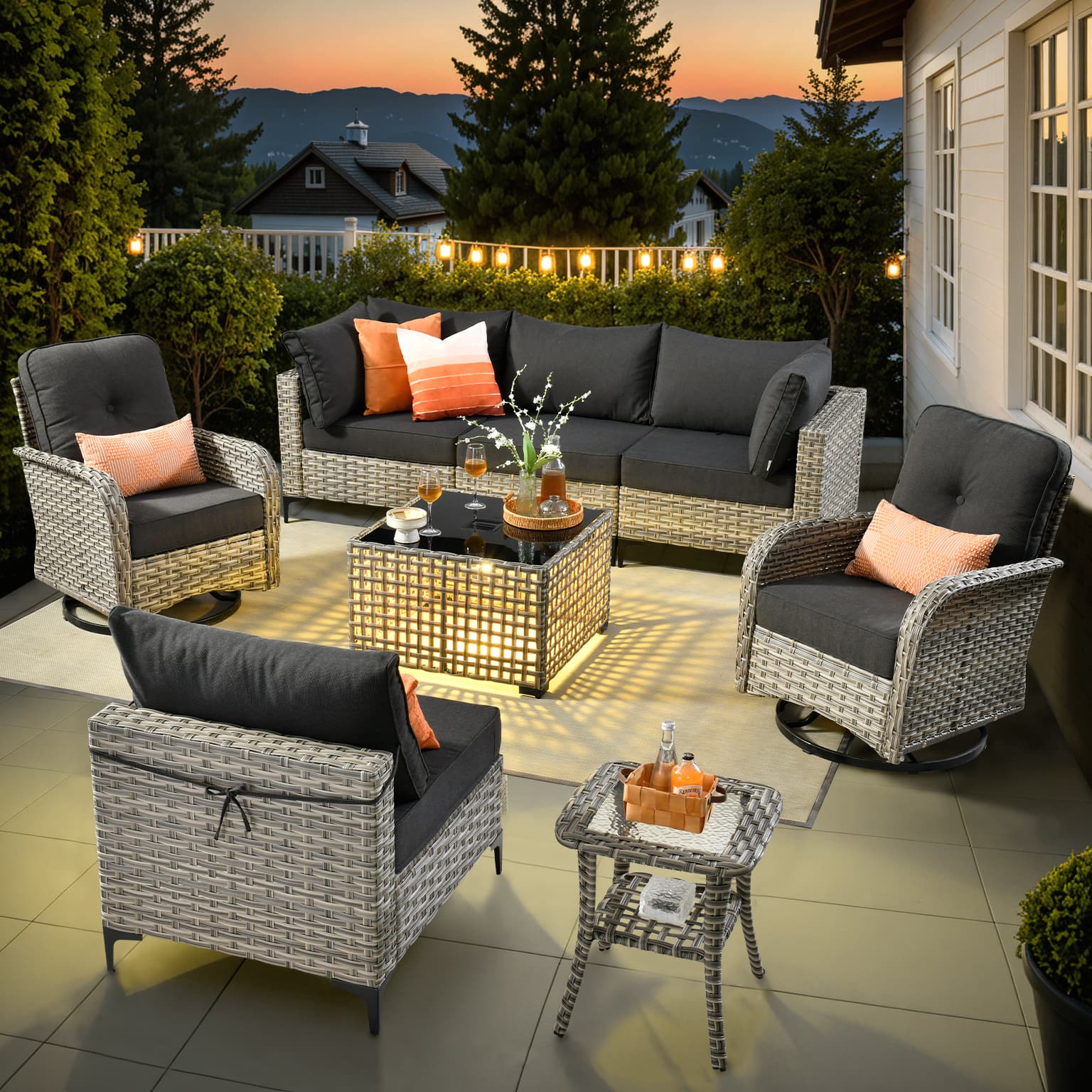 Ovios - 8 PCS Sectional Patio Furniture, Comfy Cushioned Sofa with Swivel Chairs & Coffee Table - Black