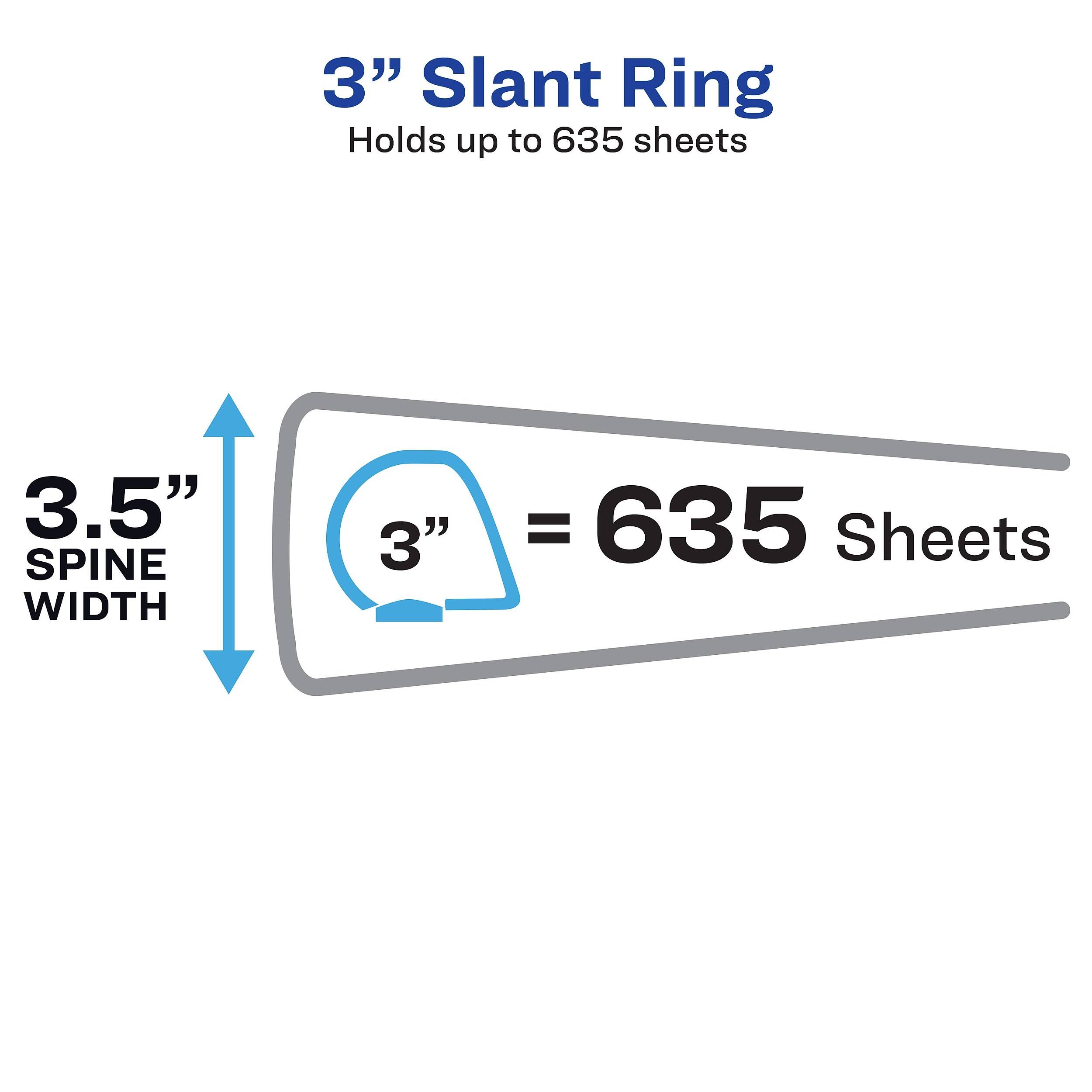 3" Slant Ring Holds up to 635 sheets  
3.5" SPINE WIDTH  
3" = 635 Sheets