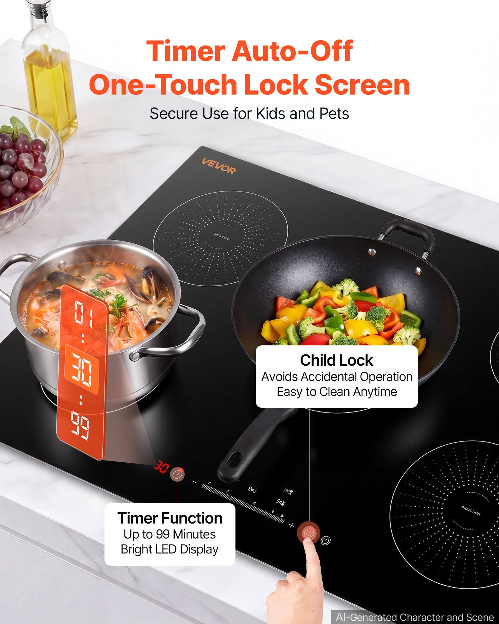 Timer Auto-Off One-Touch Lock Screen Secure Use for Kids and Pets

VEVOR

Child Lock Avoids Accidental Operation Easy to Clean Anytime

Timer Function Up to 99 Minutes Bright LED Display

AI-Generated Character and Scene