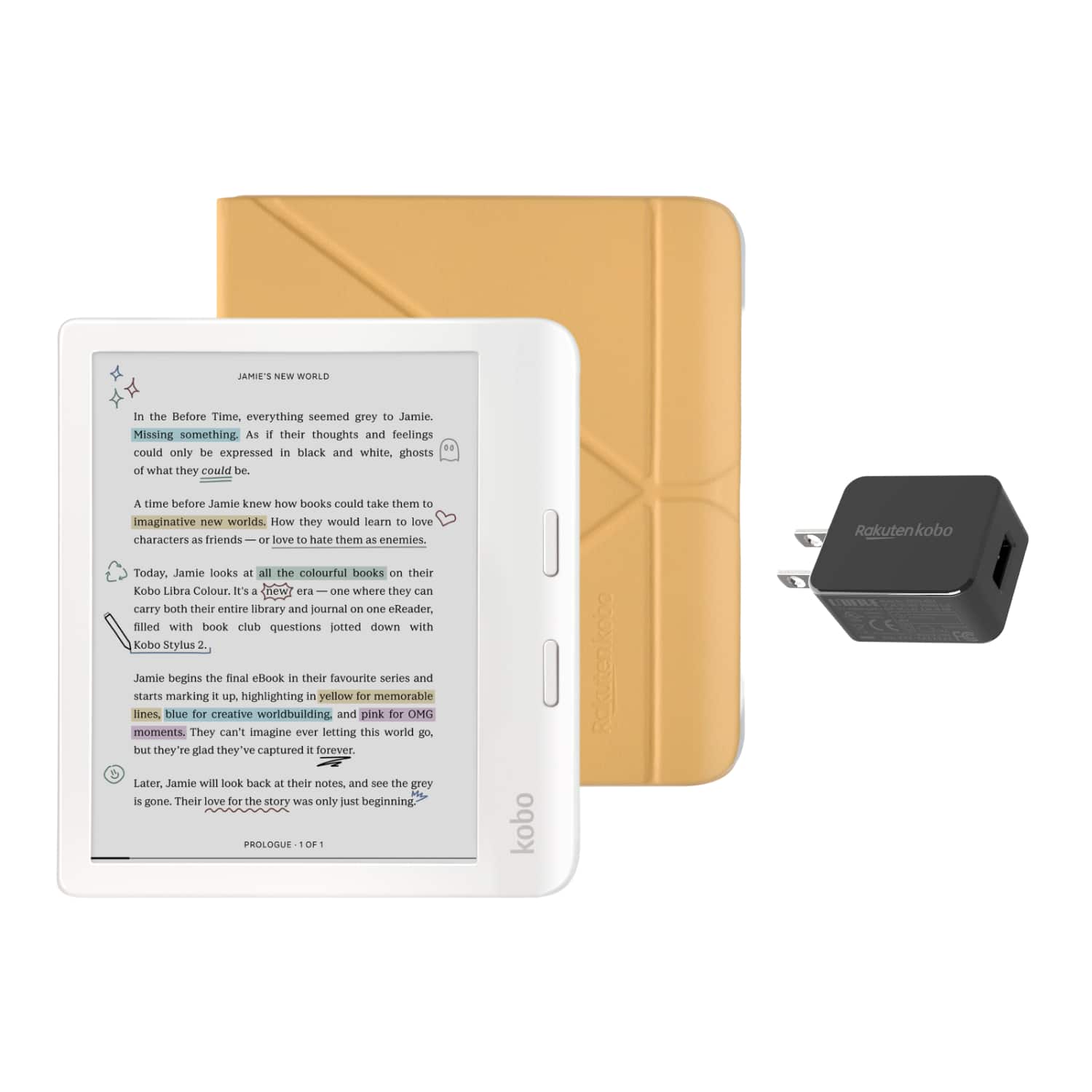 Kobo - Libra Colour eReader (White) with and AC Bundle - 2024 - Butter Yellow SleepCover
