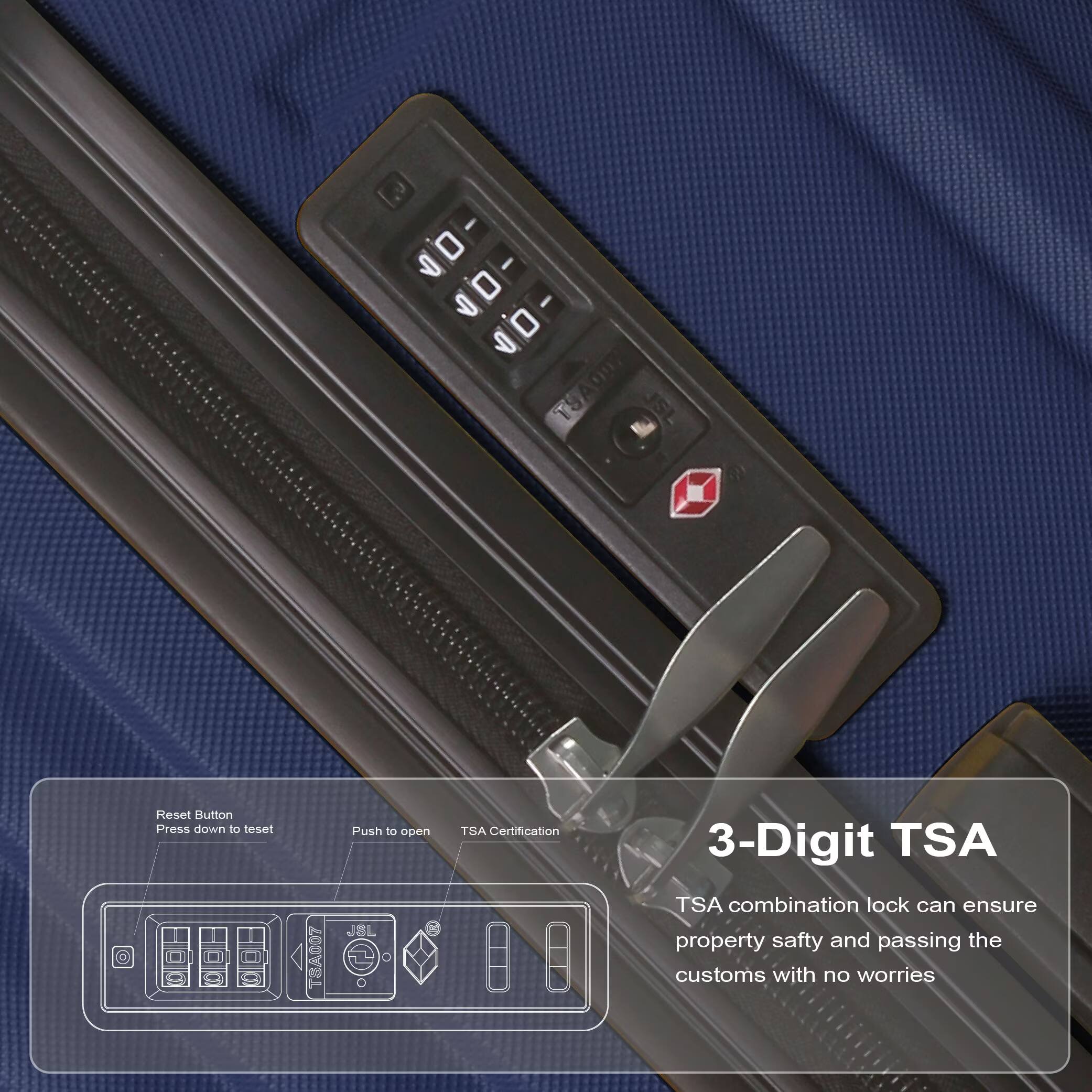 0 I 9 0 - 9 0  TSAO!  
Reset Sutton  
Press down to reset  
Push to open  

J8L  
TSA Certification  

3-Digit TSA  
TSA combination lock can ensure property safety and passing the customs with no worries