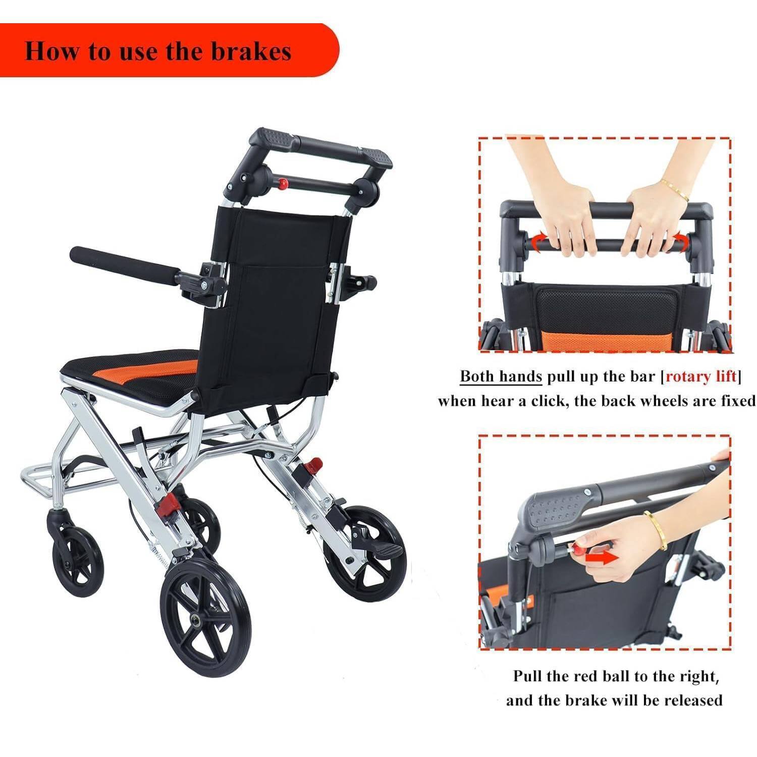 How to use the brakes

Both hands pull up the bar [rotary lift] when hear a click, the back wheels are fixed

Pull the red ball to the right, and the brake will be released