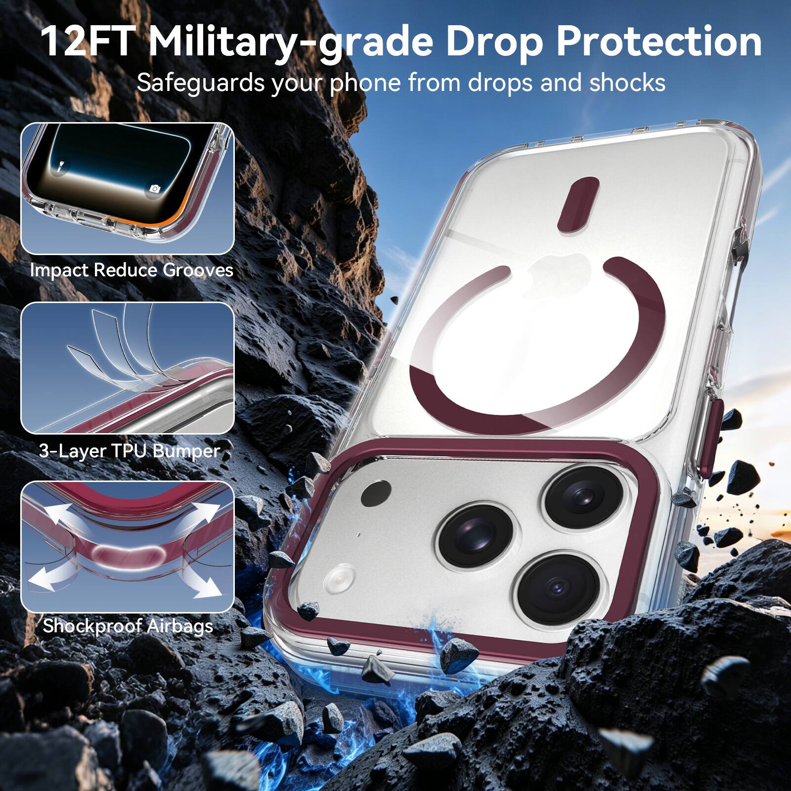 12FT Military-grade Drop Protection  
Safeguards your phone from drops and shocks

- Impact Reduce Grooves
- 3-Layer TPU Bumper
- Shockproof Airbags
