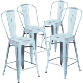 Emma + Oliver - Commercial Grade 4 Pack 24" High Distressed Metal Indoor-Outdoor Counter Height Stool with Back - Green-Blue