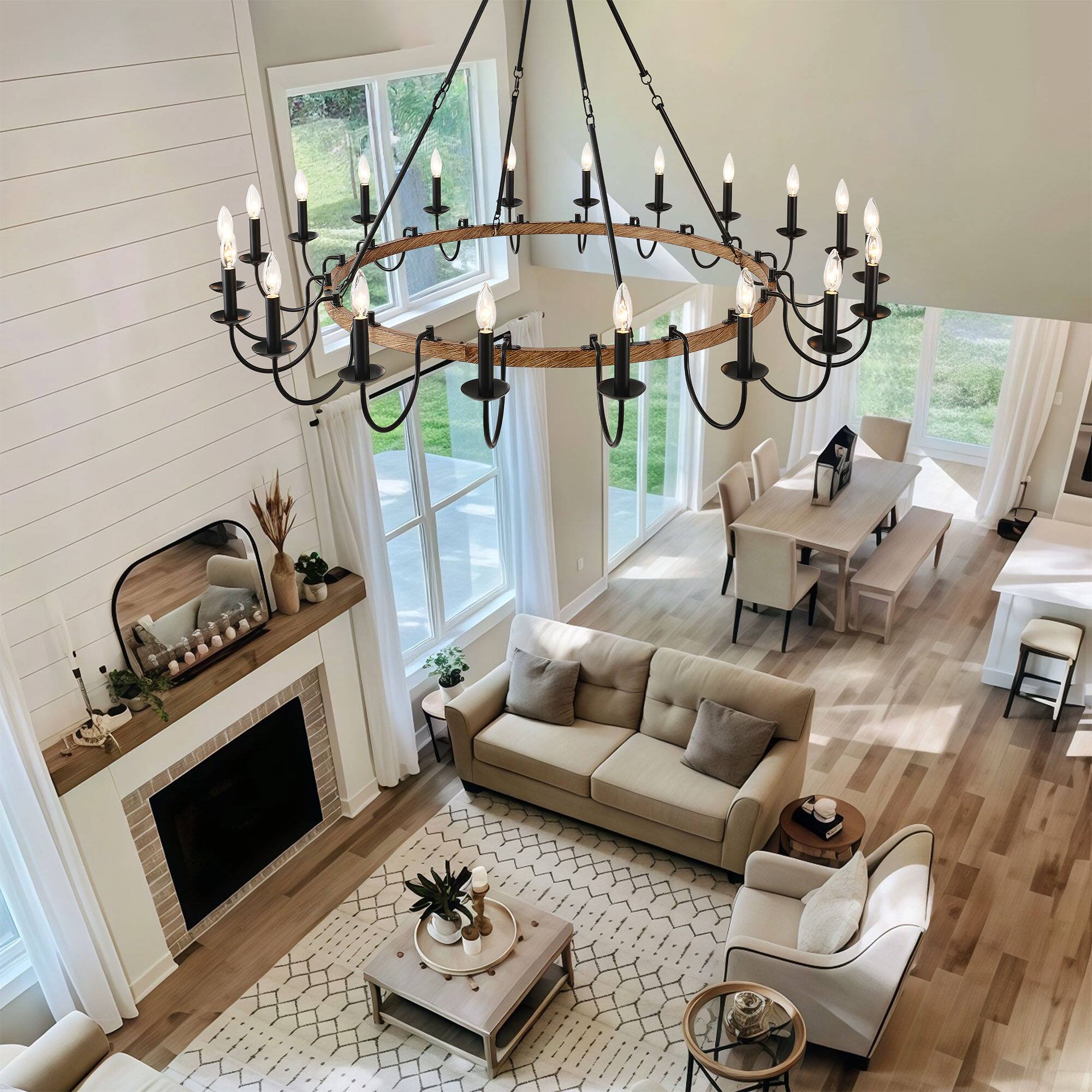 Alt View 1. RYHNUYNE - BAOURE 20-Light Rustic Wagon Wheel Chandelier,Farmhouse Dining Room Light Fixture,Round Wood Chandelier for Living Room - Black.