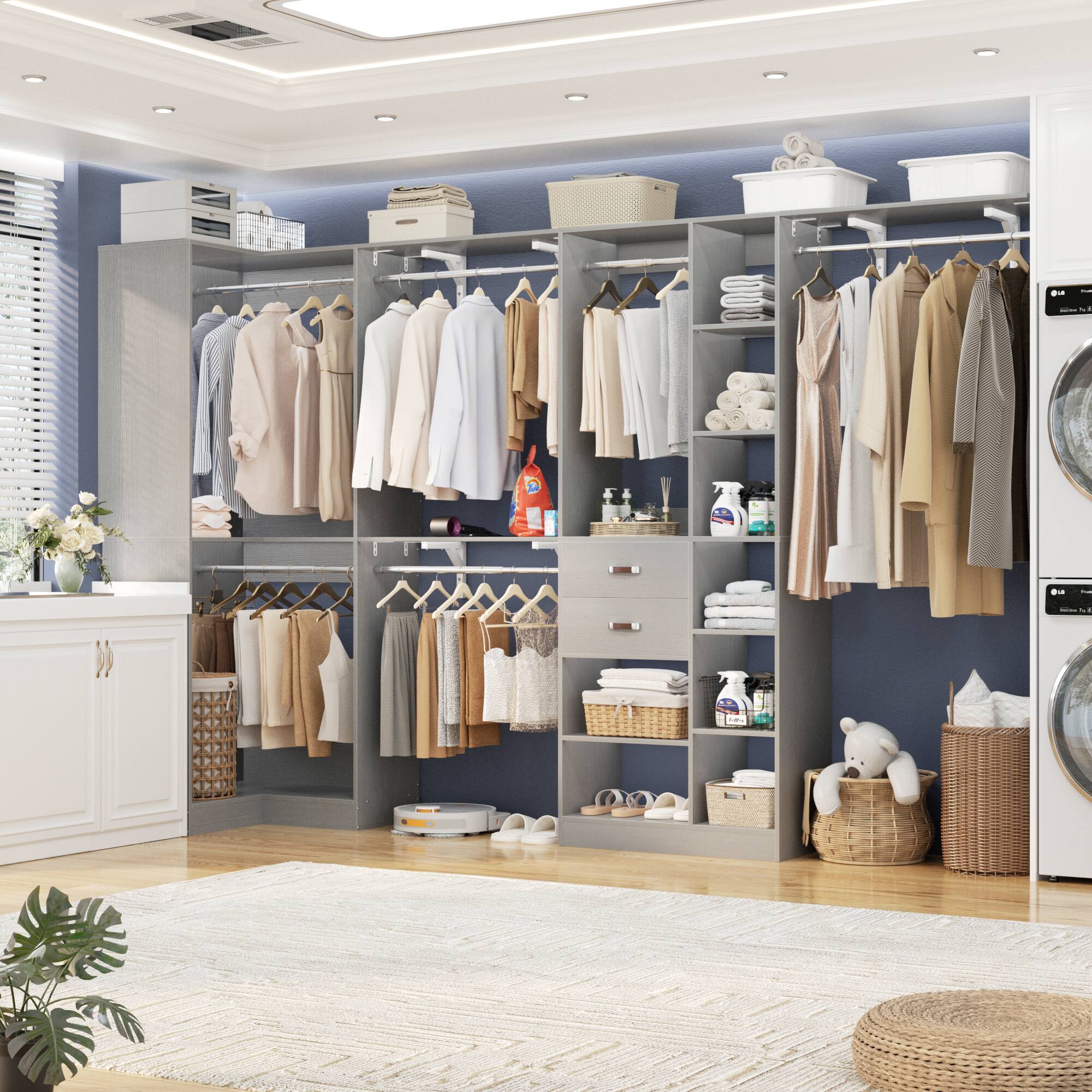 Alt View 2. Aheaplus - 127.5'' Corner Closet Organizer System Set of 2 with Drawers, Hanging Rod and Adjustable Shelves, Reversible - Gray.