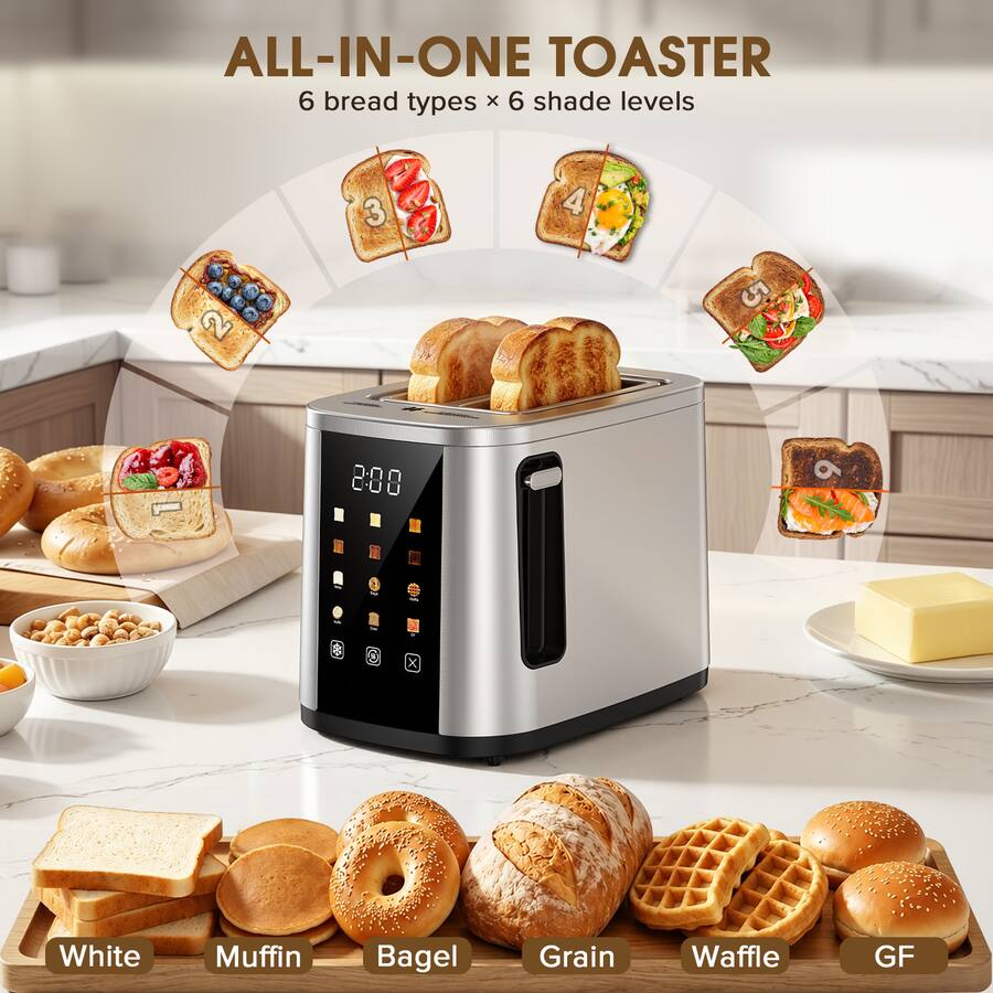 All In One Toaster Teendow 2 Slice Touchscreen Toaster, 800W Stainless Steel, Extra Wide 1 ...