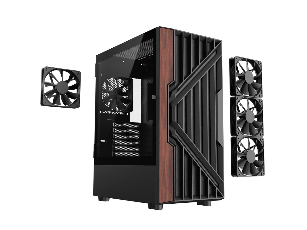 Front. DIYPC - DIYPC DIY-G18-WD Black USB3.0/Type C ATX Mid Tower Gaming Case w/ Tempered Glass & Walnut Wood Front, 4x120mm PWM Fans - Black.