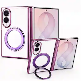 Dteck - Electroplated Frame Case for Samsung Galaxy Z Fold8 with Kickstand, Magnetic Clear Rigid Plastic Hinge Protection Cover - Purple