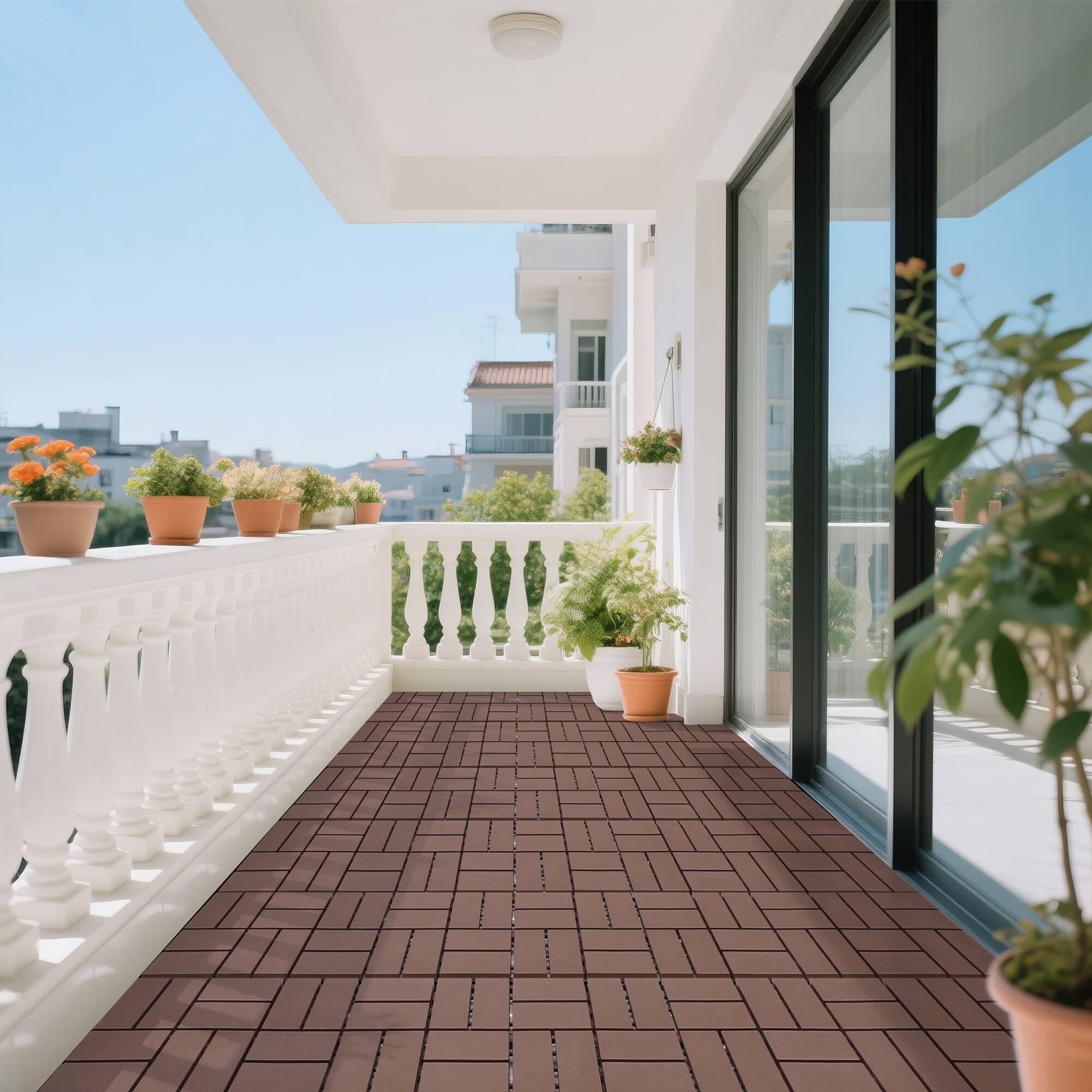 Alt View 5. Loheer - 44-Pack Interlocking 12x12 Inch Waterproof Decking Tiles for Patio Balcony Poolside - Brown.
