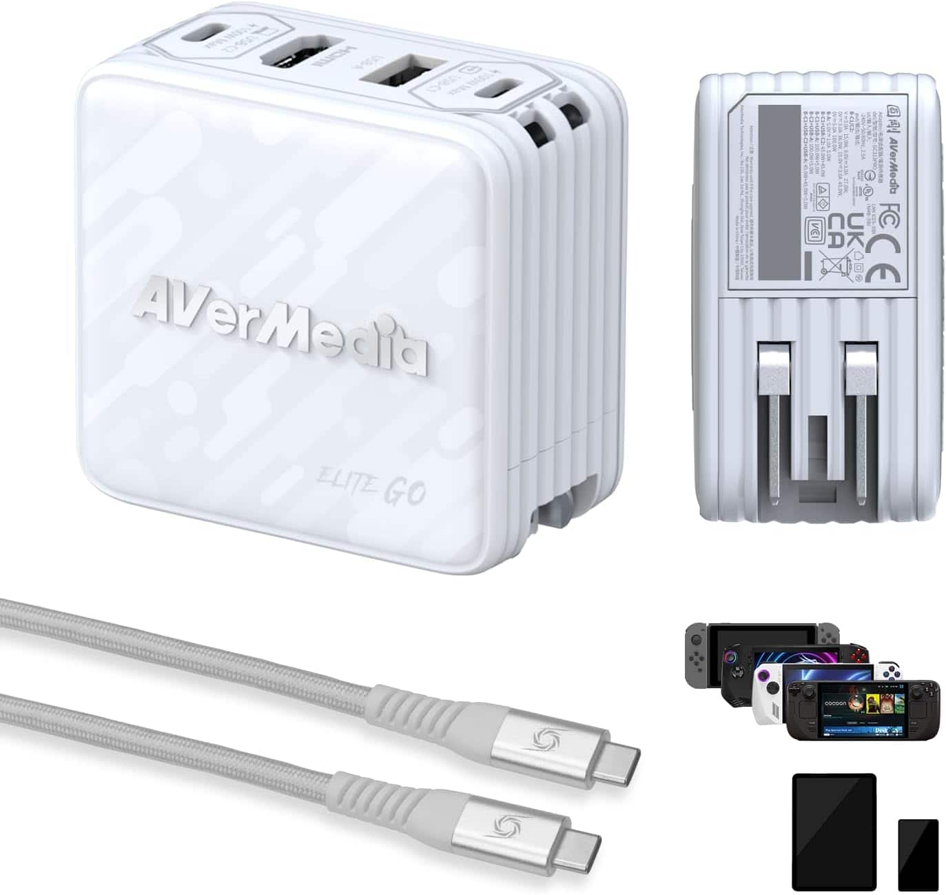 AVerMedia - GC313ProWHITE Elite Go Capture Card for Streaming Portable Charger Fast Charging USB C - White