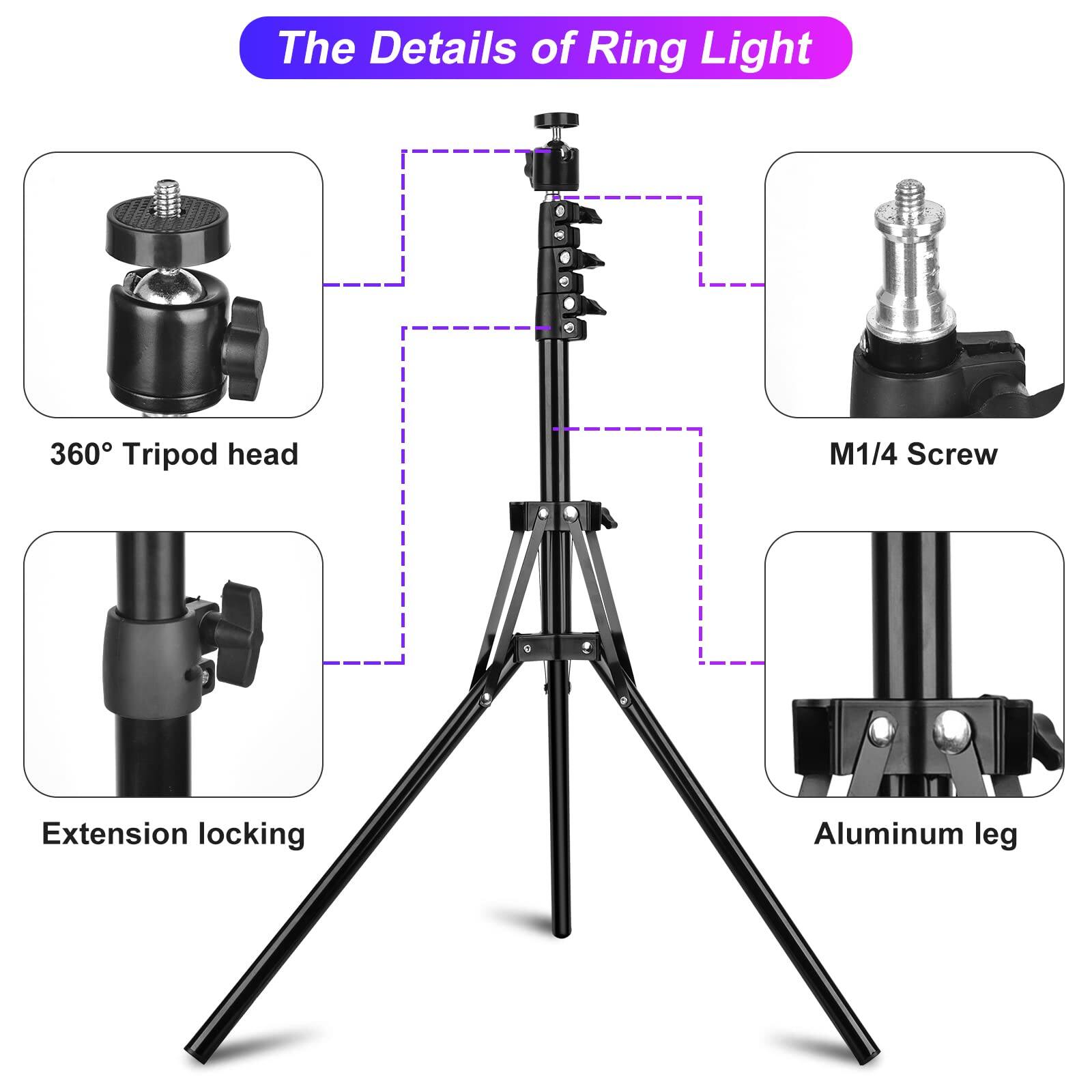 The Details of Ring Light

- 360° Tripod head
- M1/4 Screw
- Extension locking
- Aluminum leg