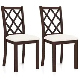 Costway - Set of 2 Dining Chairs Wood Kitchen Side Chair with Inclined Backrest - Brown + White