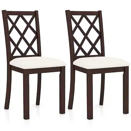 Front. Costway - Set of 2 Dining Chairs Wood Kitchen Side Chair with Inclined Backrest - Brown + White.