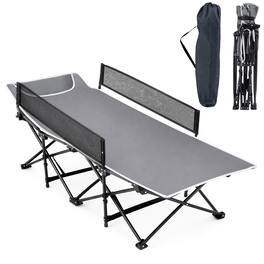 Costway - Foldable Camping Cot with Headrest Mesh Side Rails Carry Bag Metal Frame for Hiking - Gray