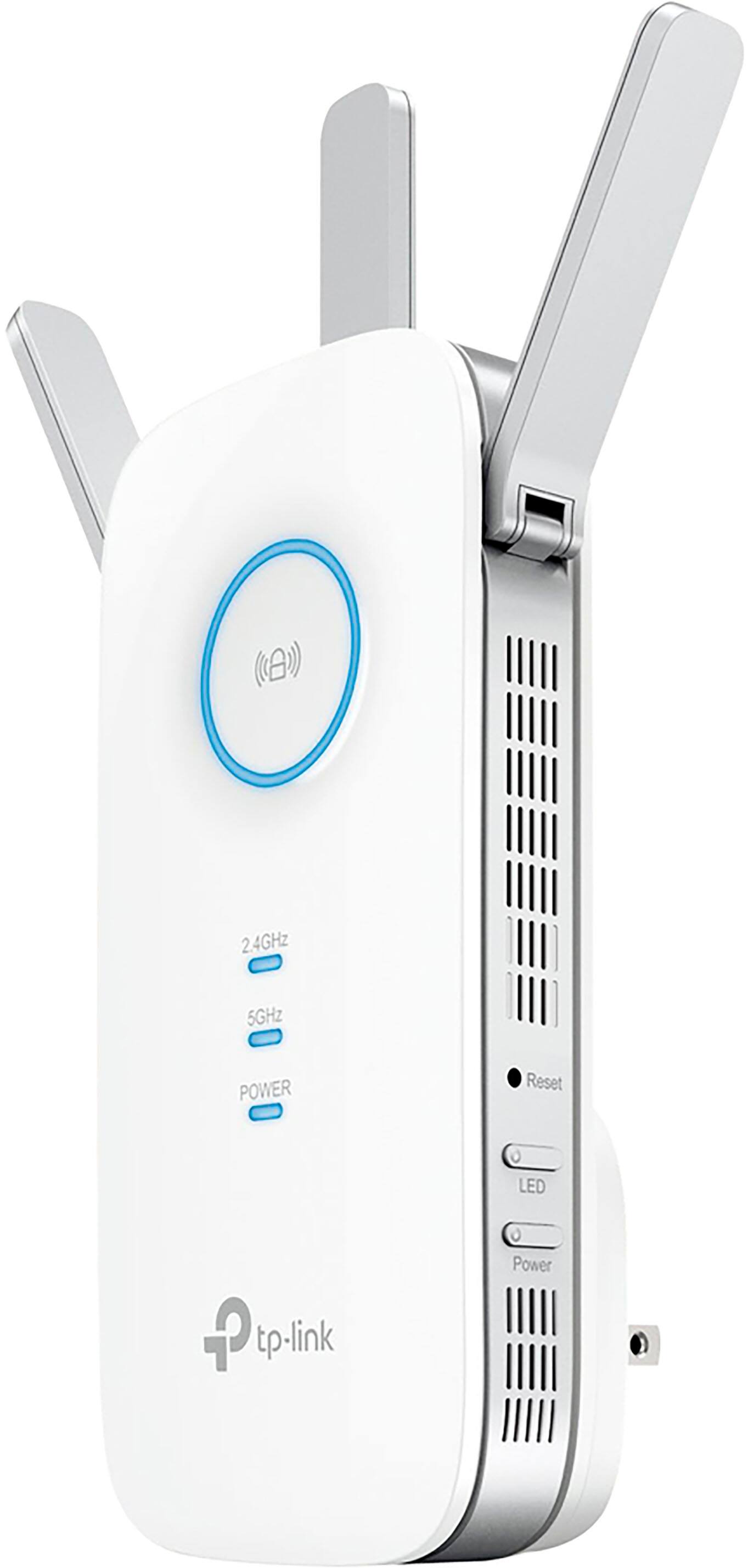 The text on the image reads: "24GHz 5GHz POWER Reset LED Power tp-link." This text describes the features of the device, which includes a 24GHz and 5GHz wireless frequency, a power button, a reset button, and an LED light. The device is made by the company TP-Link.