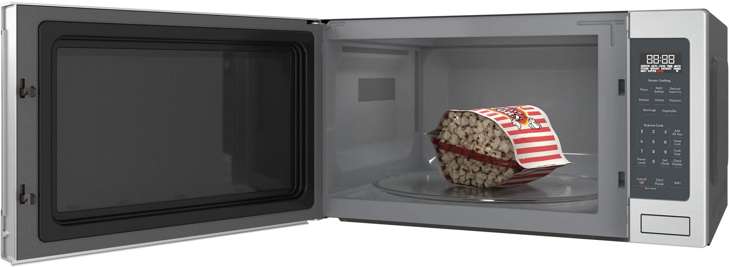 The text on the image reads: "88:88 - - - - SdA - - a - - Sanaur Cacking Pas Mualk Defest Suffa - Reheul nAt Pepcem Dooerage Vegetabble Exprems Cask 1 2 3 Ade 2 Sac & 1 5 F -u i ~ Ld I a . Cook Time Sar E Clock Desplay Cancal OE - Star Fasm w."
The text appears to be a combination of various phrases and sentences, but it does not provide any clear information about the image of the microwave with a bag of popcorn inside.