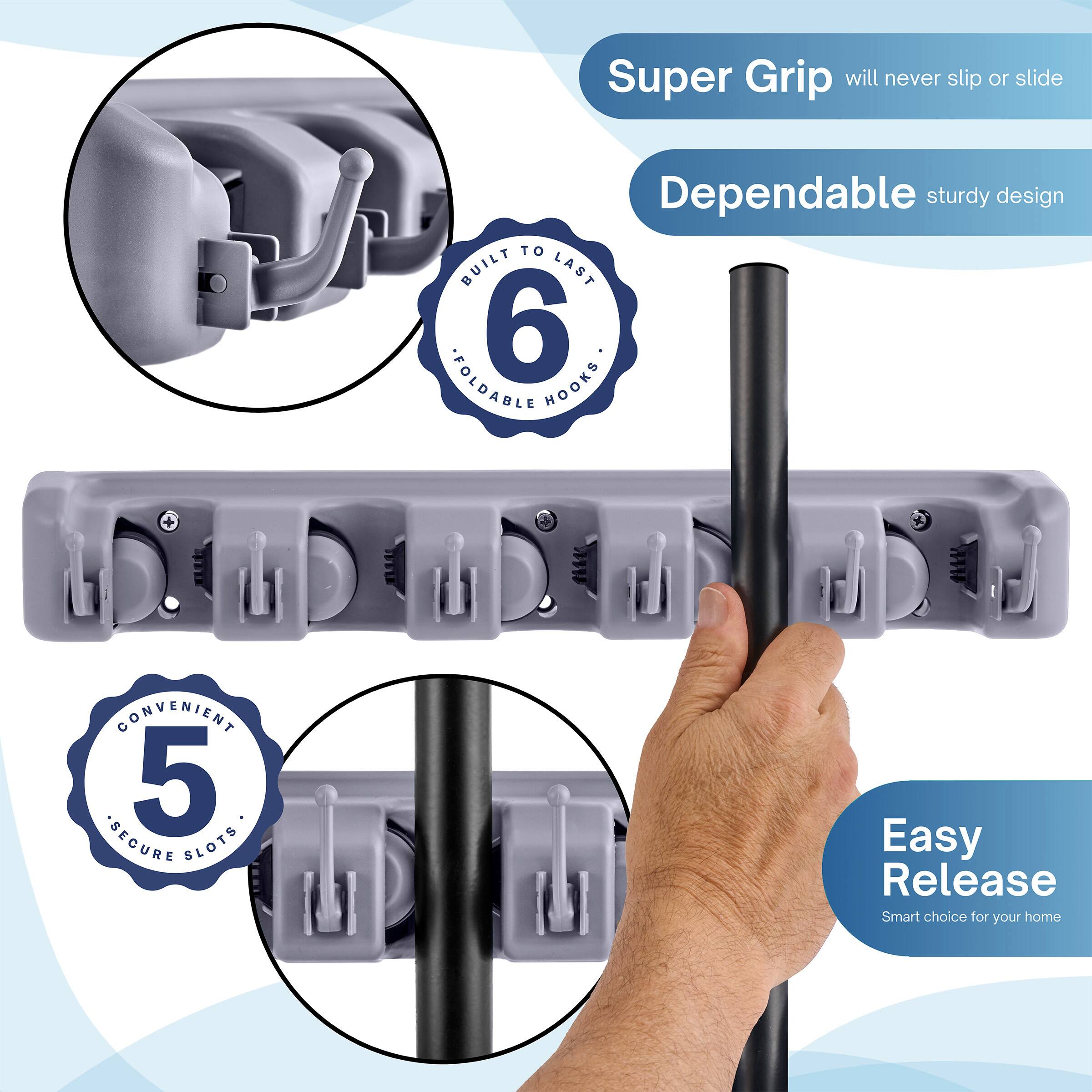 - Super Grip will never slip or slide
- Dependable sturdy design
- Built to last 6 foldable hooks
- Convenient 5 secure slots
- Easy Release
- Smart choice for your home