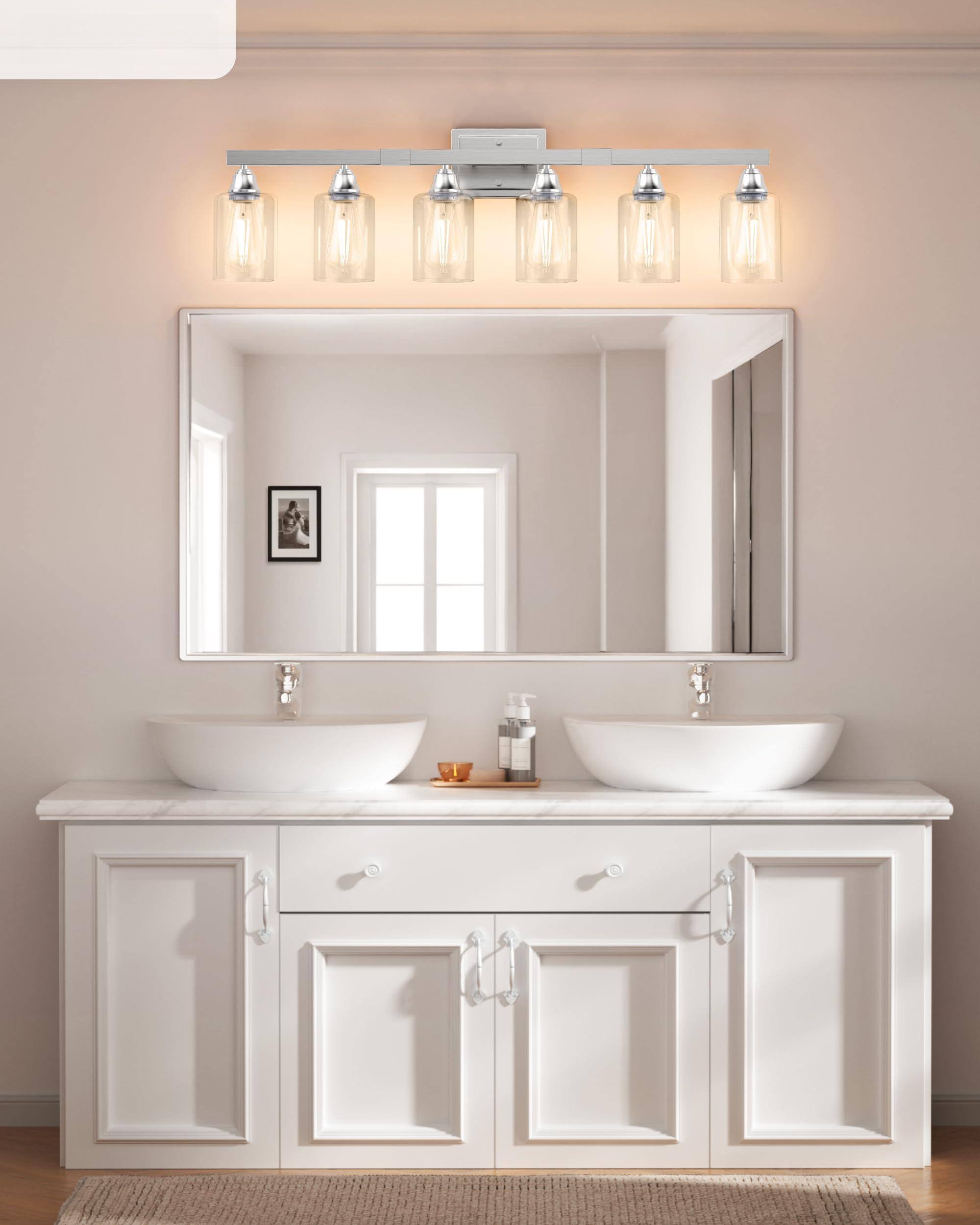 Alt View 3. Cedar Assembly - Brushed Nickel Bathroom Light Fixtures Vanity Over Mirror Modern Lights For Bathrooms With Clear Glass Shades - Nickel 3-Light.