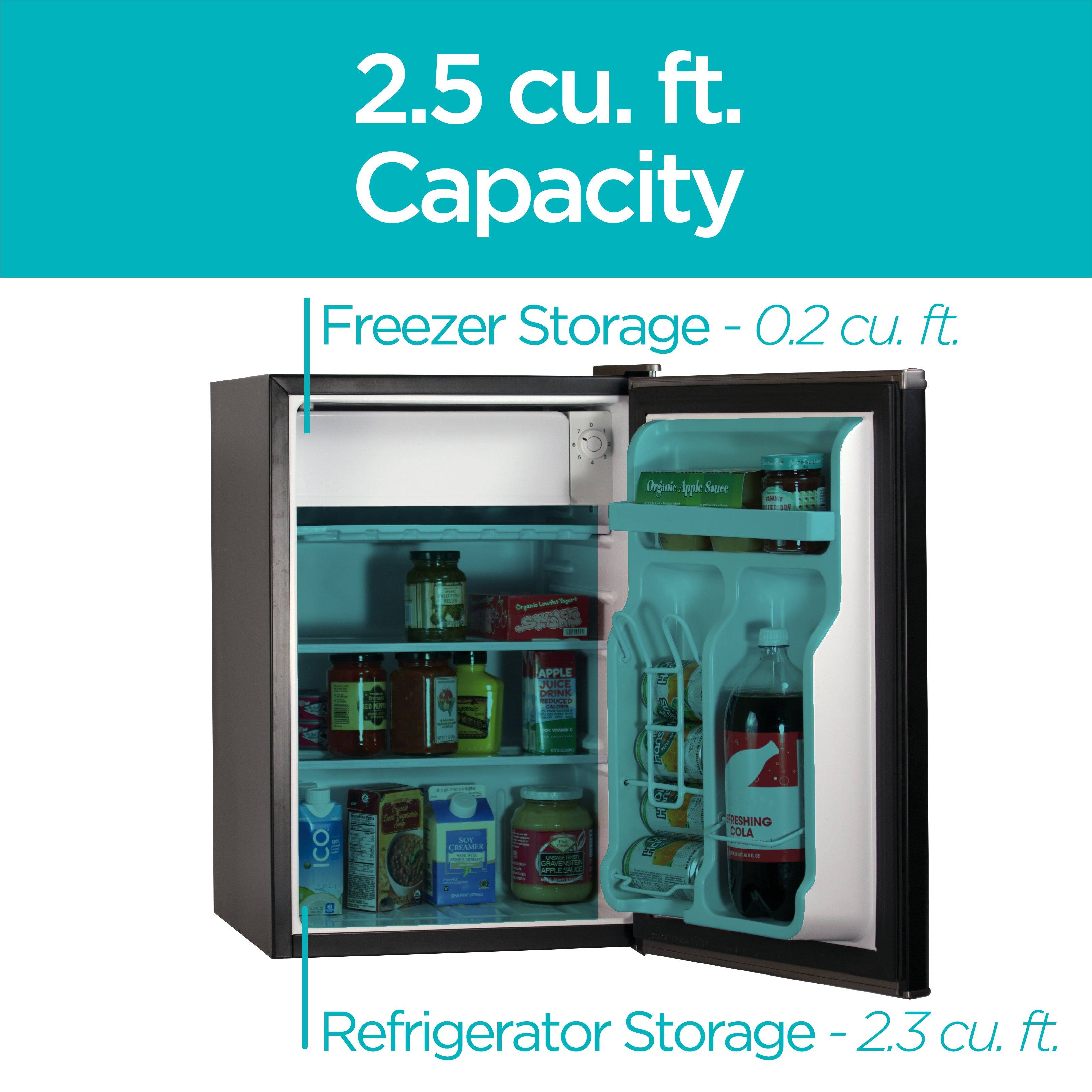 2.5 cu. ft. Capacity
Freezer Storage - 0.2 cu. ft.
Refrigerator Storage - 2.3 cu. ft.