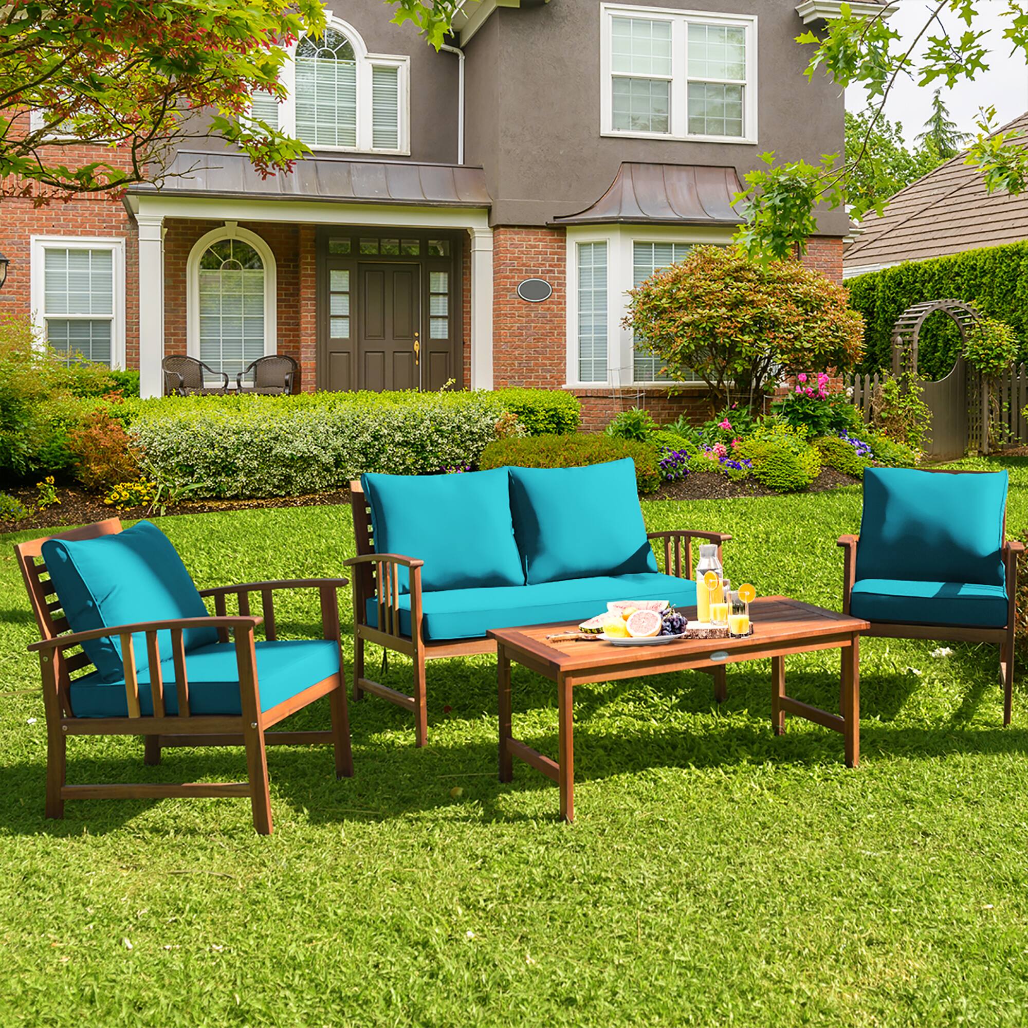 Alt View 7. Costway - Costway 8PCS Wooden Patio Furniture Set Table Sofa Chair Cushioned Garden - Teak,Turquoise.