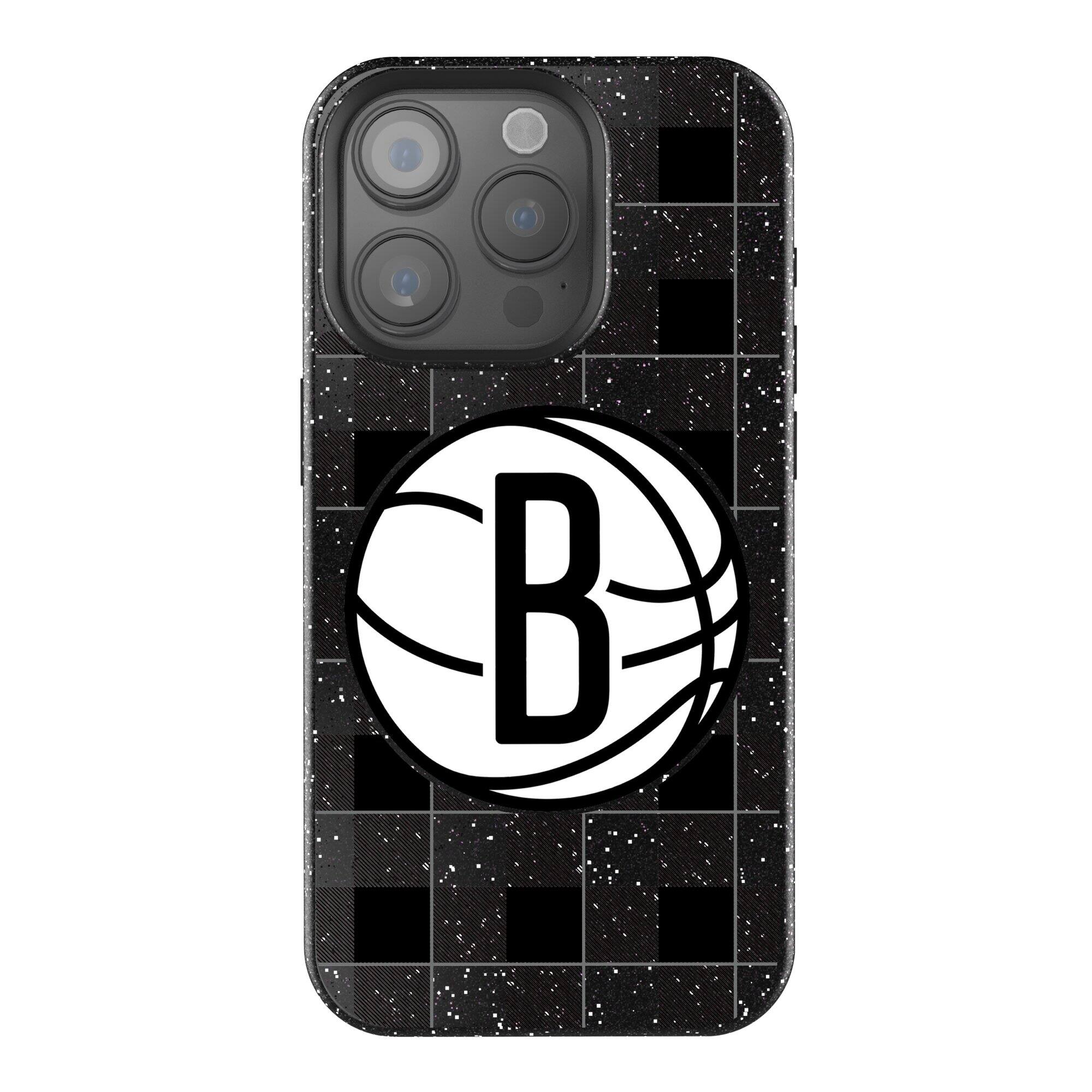 Front. Keyscaper - Brooklyn Nets Plaid Bling iPhone Case - 16 Pro - Black.