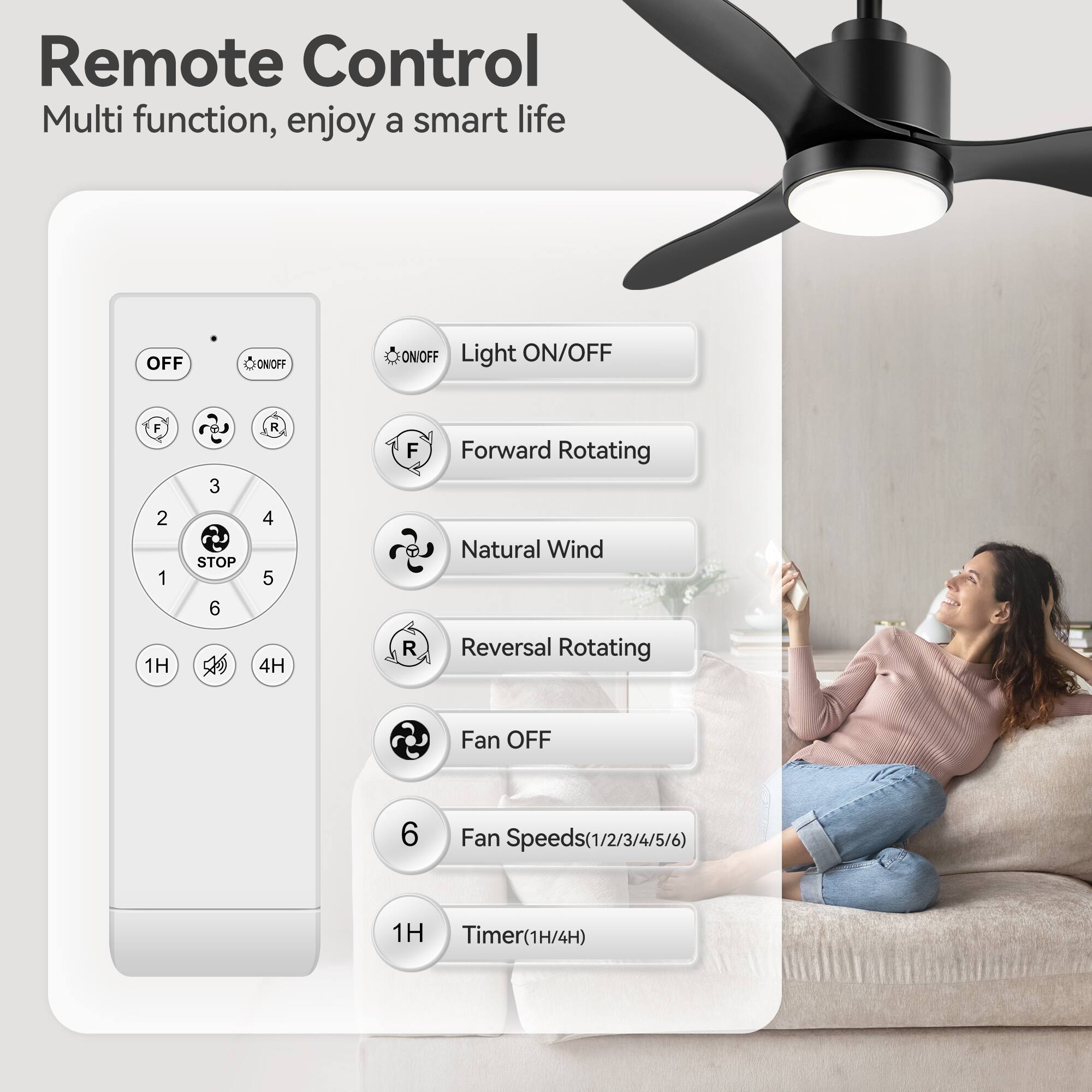 Remote Control Multi function, enjoy a smart life

- OFF
- ON/OFF
- Light ON/OFF
- Forward Rotating
- Natural Wind
- Reversal Rotating
- Fan OFF
- Fan Speeds (1/2/3/4/5/6)
- Timer (1H/4H)