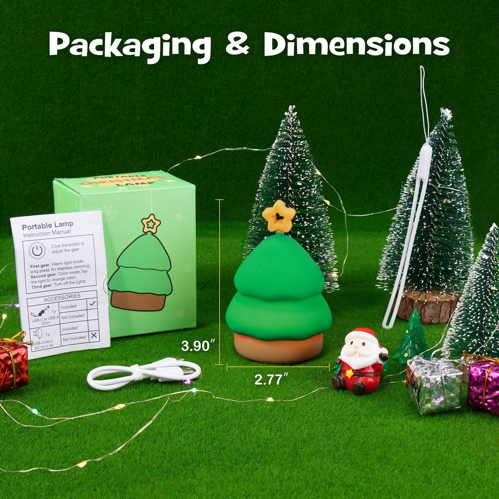 **Packaging & Dimensions**

**Portable Lamp Instruction Manual**

- Click the button to adjust the gear:
  - First gear: Warm light mode
  - Second gear: Color mode
  - Third gear: Turn off the lights

**Accessories Included:**
- USB Cable (USB A to USB C) - Included
- DC 5V/5A - Not included

**Dimensions:**
- Height: 3.90"
- Width: 2.77"