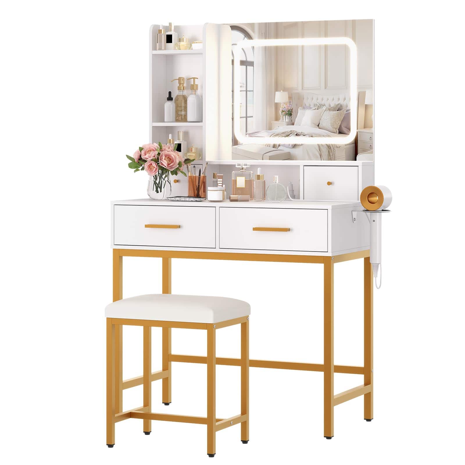 Jojoka - Makeup Vanity Desk with Lighted Mirror & Stool, 4 Drawers, Power Outlet & Shelves, 3-Mode Adjustable LED - White