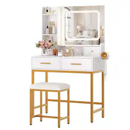 Jojoka - Makeup Vanity Desk with Lighted Mirror & Stool, 4 Drawers, Power Outlet & Shelves, 3-Mode Adjustable LED - White