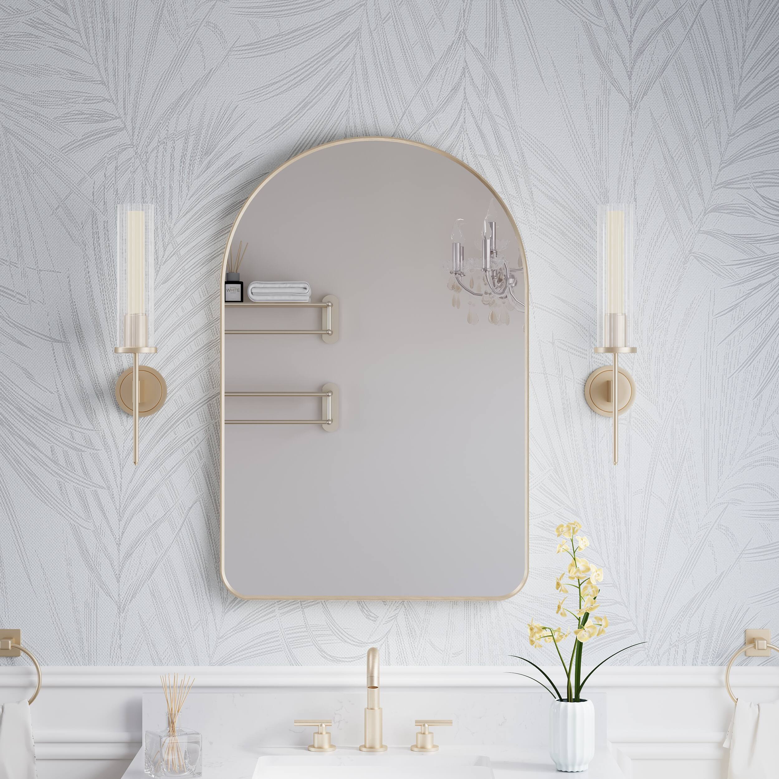 Angle. WELLFOR - 24 in. W x 36 in H Arch Anodized Aluminum Framed Bathroom Vanity Mirror - Brushed Gold.