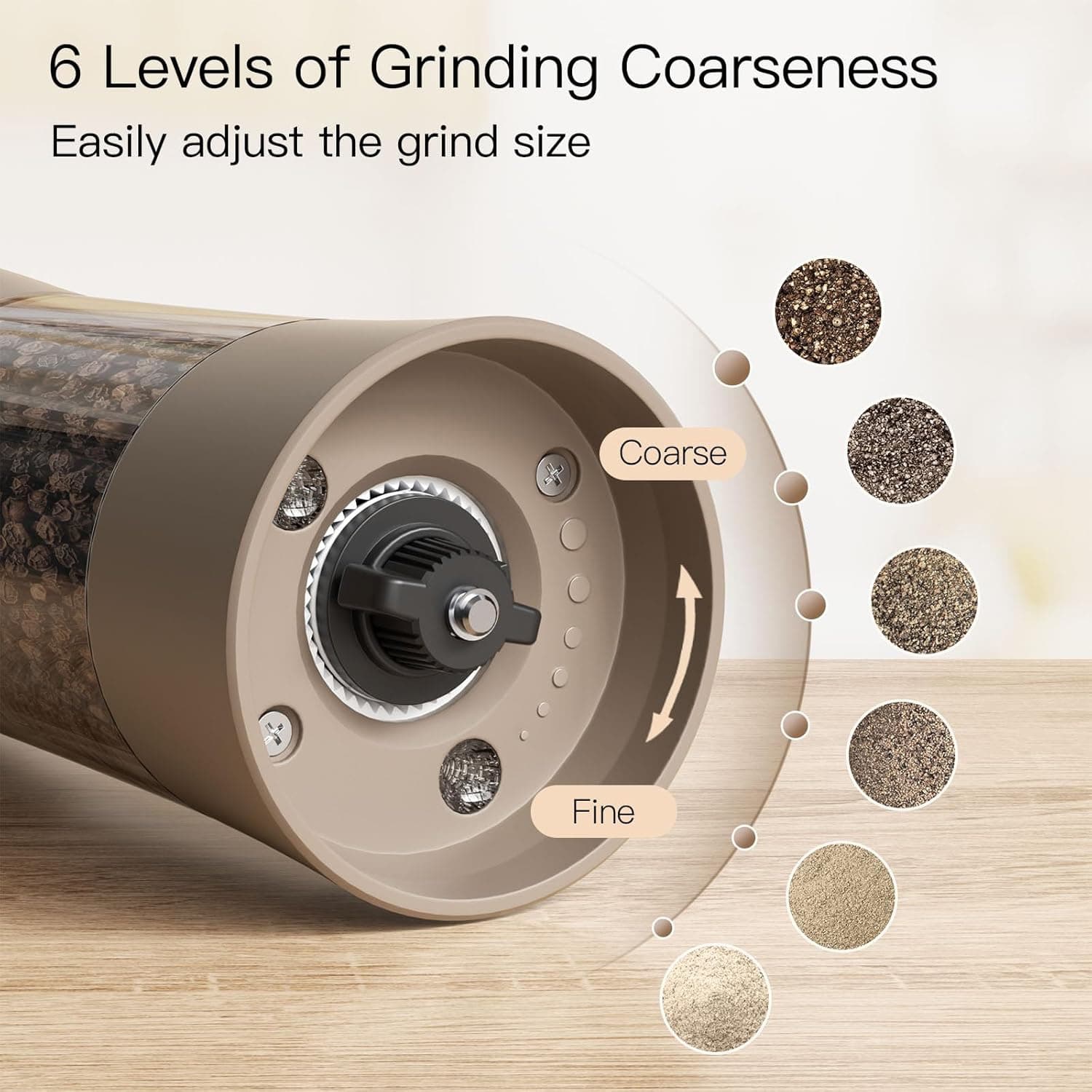 6 Levels of Grinding Coarseness  
Easily adjust the grind size  
Coarse  
Fine