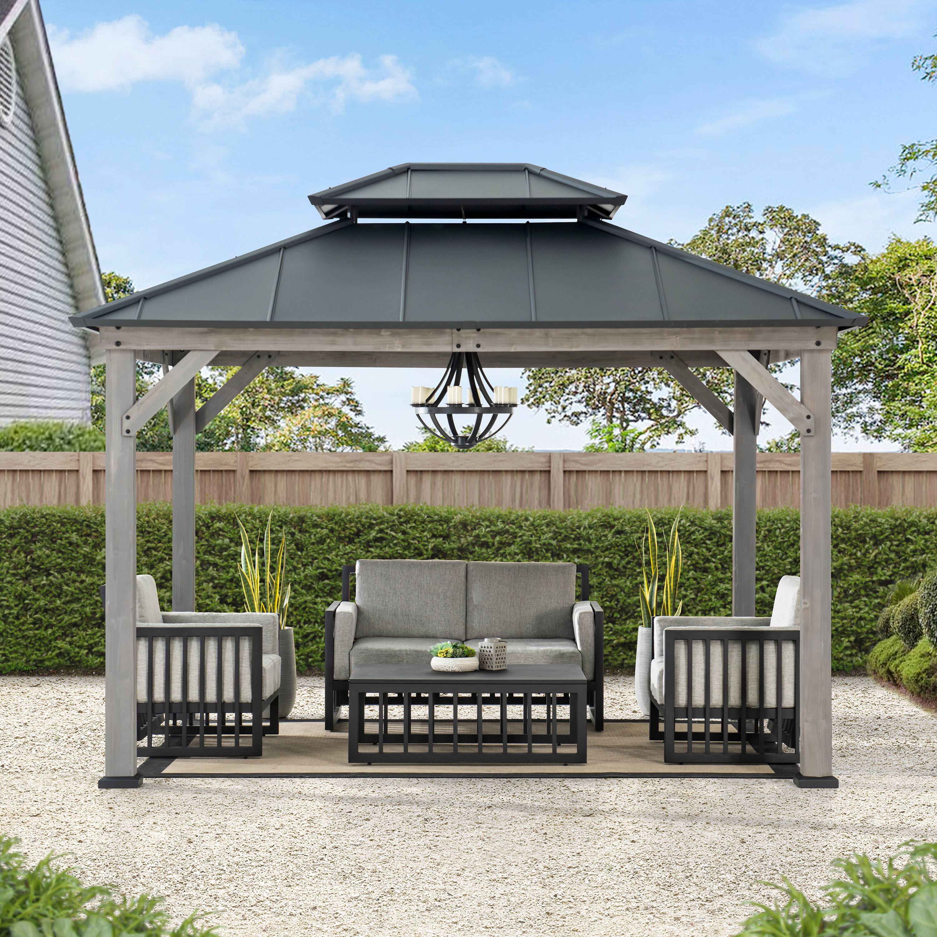 Angle. SUNJOY - Sunjoy 10 x 12 ft Cedar Wood Gazebo, Outdoor 2-Tier Black Coated Steel Hardtop for Patio, Lawn & Backyard.