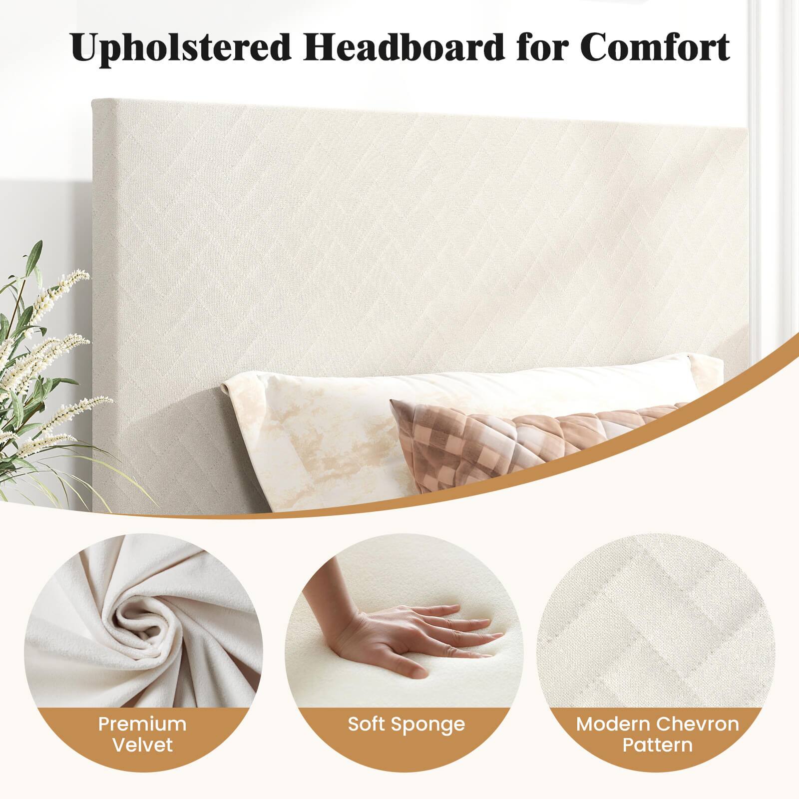 Upholstered Headboard for Comfort

- Premium Velvet
- Soft Sponge
- Modern Chevron Pattern