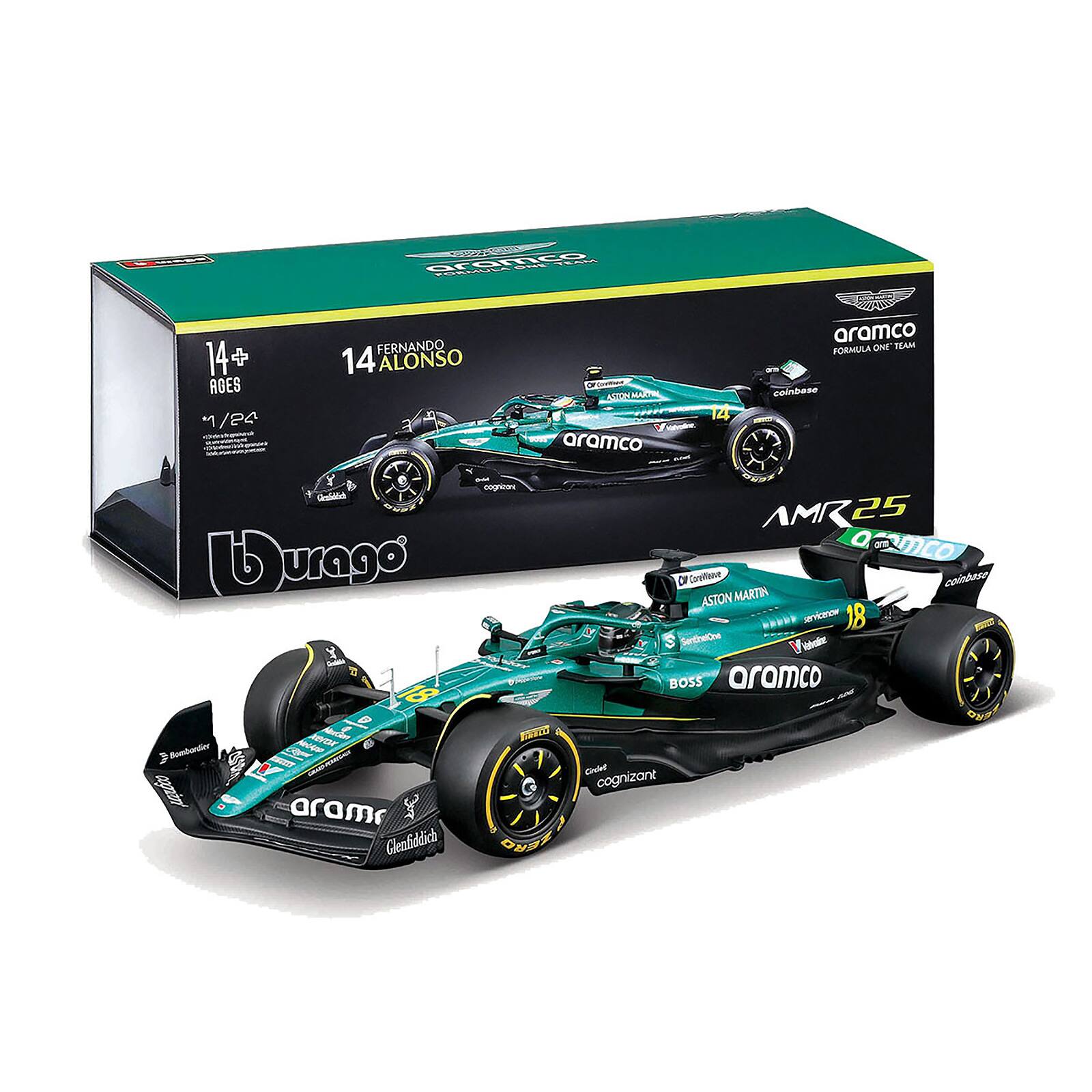 14+ AGES / 24 FERNANDO ALONSO aramco 14 aramco OVE TEAM FORMULA 1 AMR25 25 O am mco DF Crofliano colbaso ASTON MARTIN *D. Jerviceton 18 - SertinaCre Woke BOSS aramco Celed cognizant