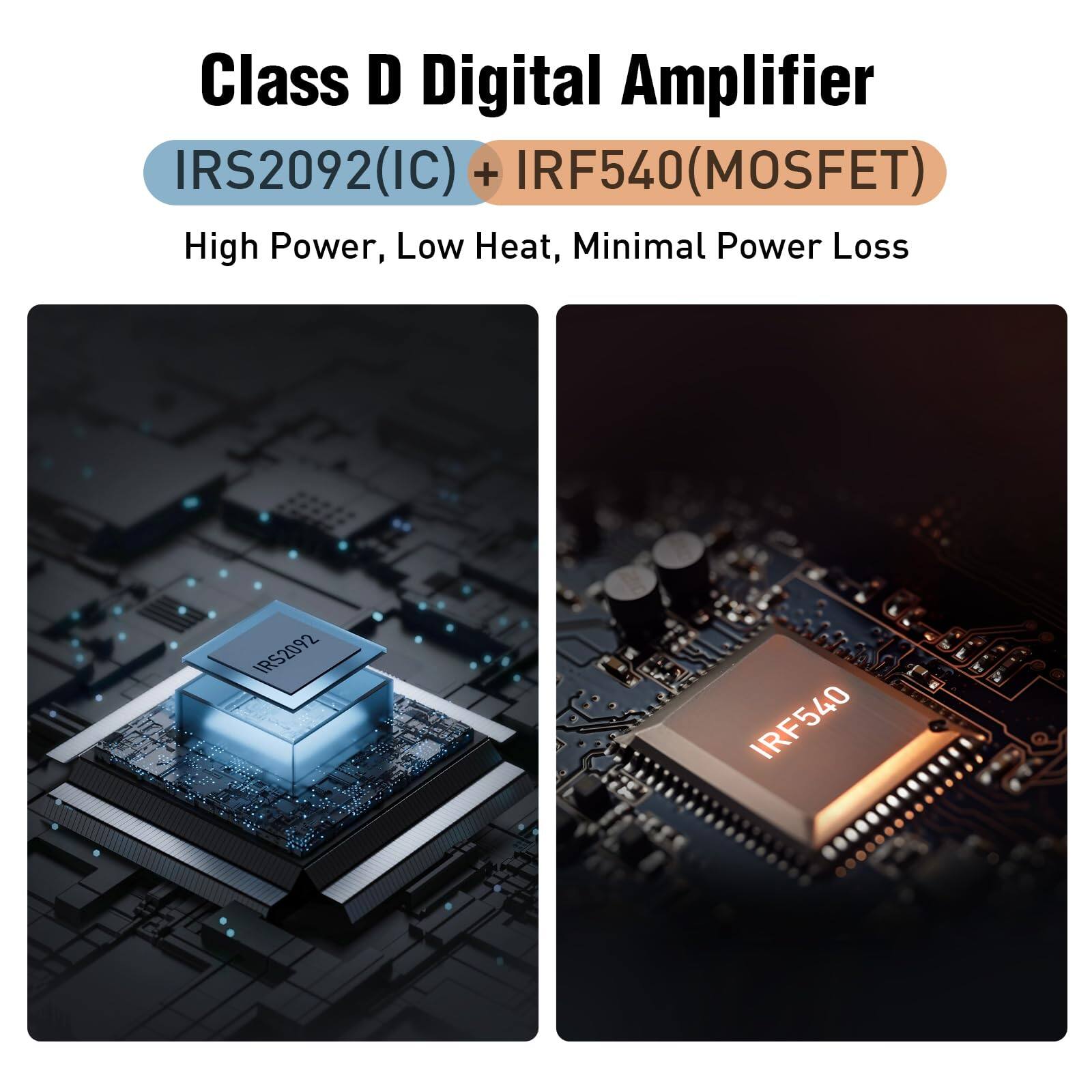 Class D Digital Amplifier  
IRS2092(IC) + IRF540(MOSFET)  
High Power, Low Heat, Minimal Power Loss