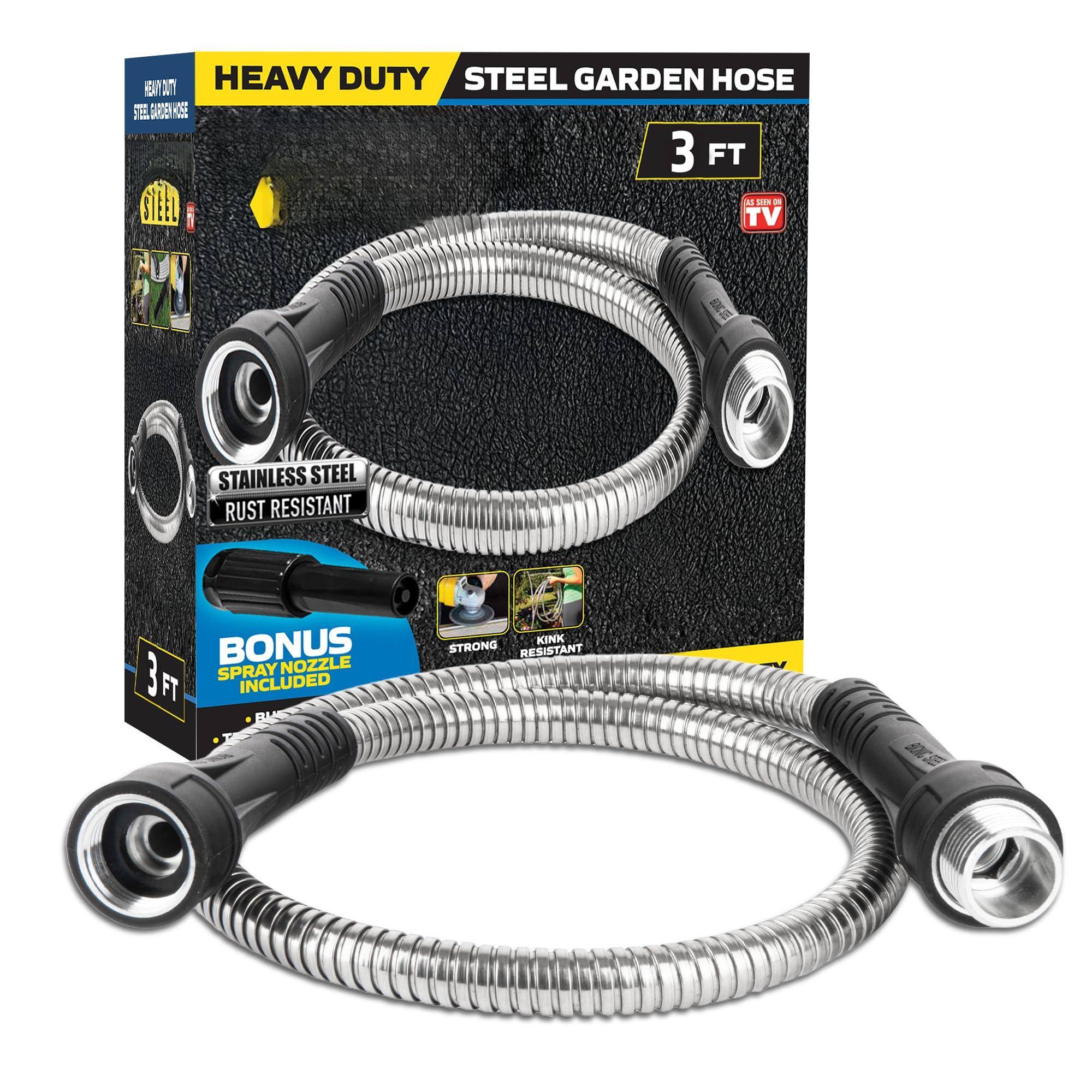 HEAVY DUTY STEEL GARDEN HOSE  
3 FT  
STAINLESS STEEL RUST RESISTANT  
BONUS SPRAY NOZZLE INCLUDED  
KINK RESISTANT