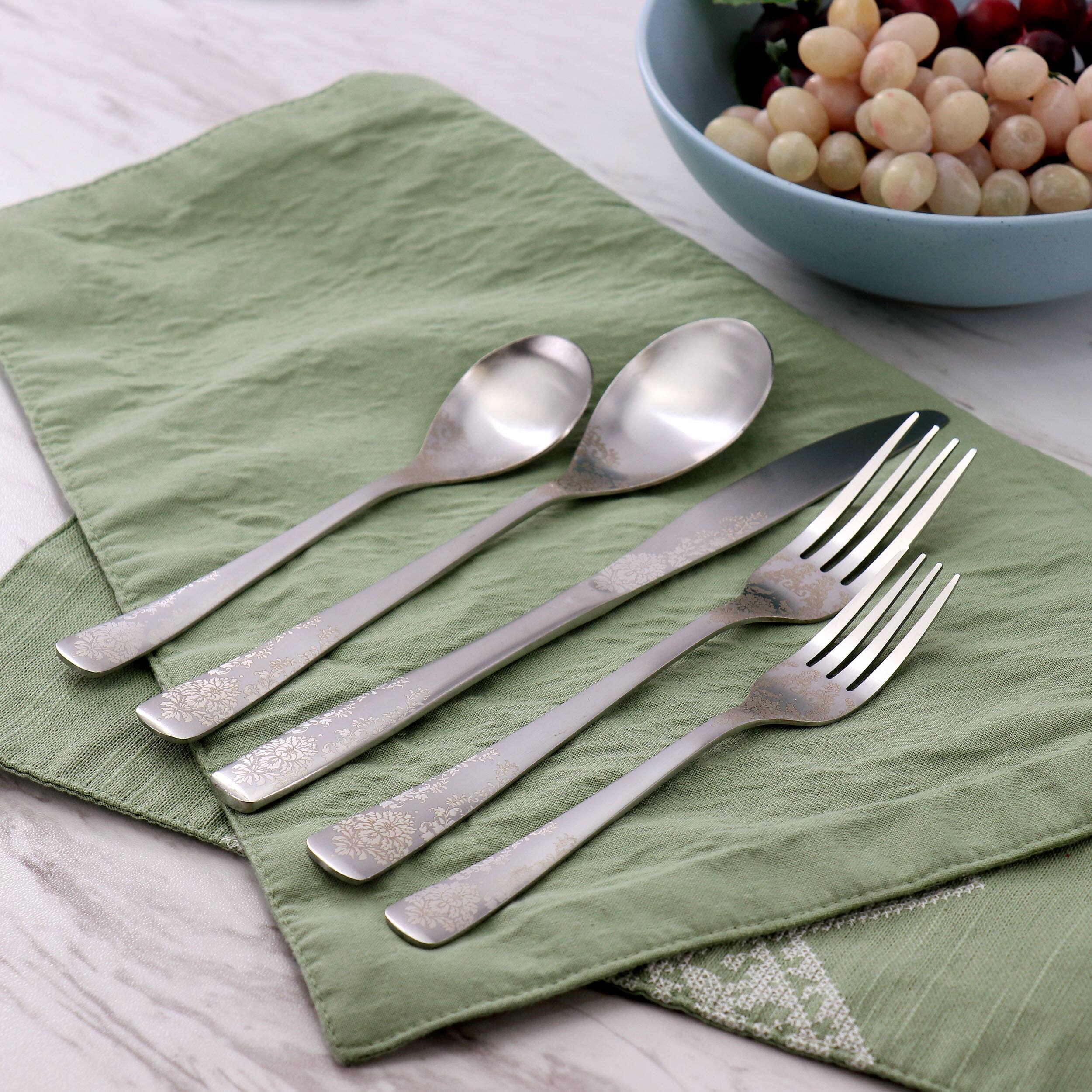 Alt View 7. Gibson - Gibson Home Bishop Hill 20 Piece Stainless Steel Floral Flatware Set in Matte Silver - Silver.