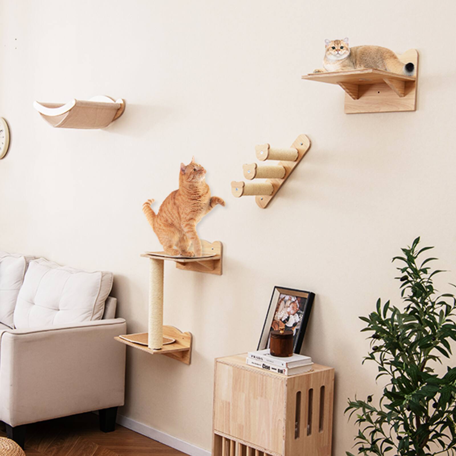 Alt View 1. Gymax - Gymax Cat Wall Shelves w/ Hammock 2-step Cat Tree Perch Non-slip Carpet Mat for Indoor - Natural.