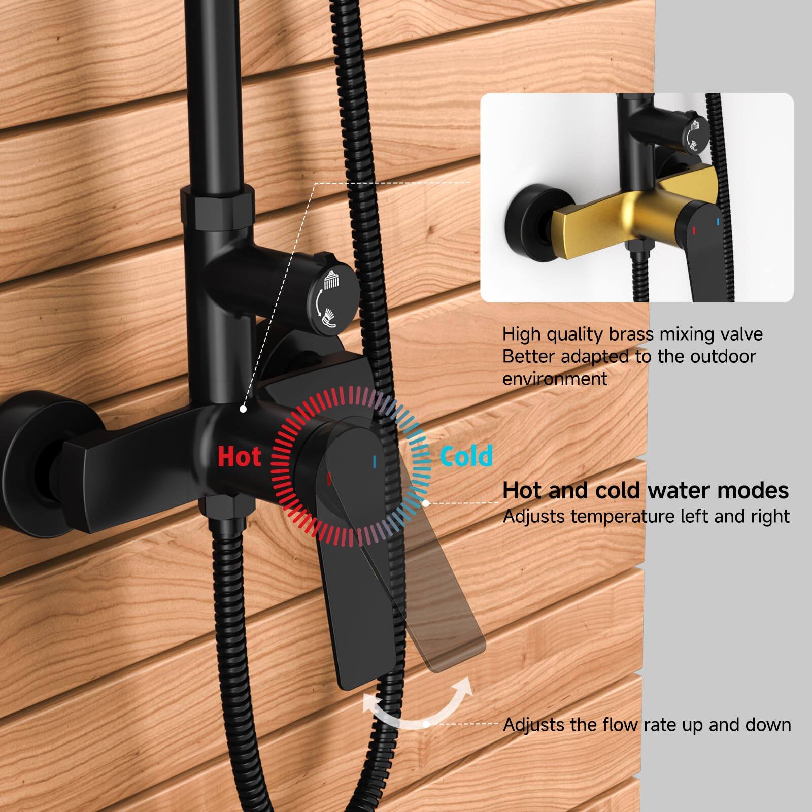 High quality brass mixing valve  
Better adapted to the outdoor environment  

Hot and cold water modes  
Adjusts temperature left and right  

Adjusts the flow rate up and down