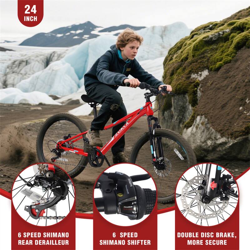 24 INCH ZUKA tg DUDINS  
6 SPEED SHIMANO REAR DERAILLEUR  
6 SPEED SHIMANO SHIFTER  
DOUBLE DISC BRAKE, MORE SECURE
