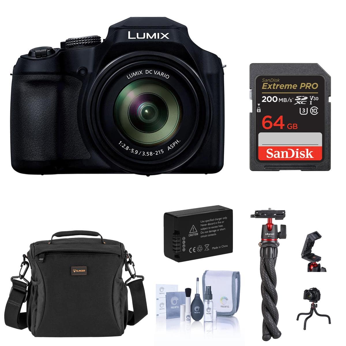 Bundle - Panasonic - LUMIX FZ80D 18.1MP Point & Shoot Digital Camera, with 64GB Memory Card, Tripod with Ball Head and