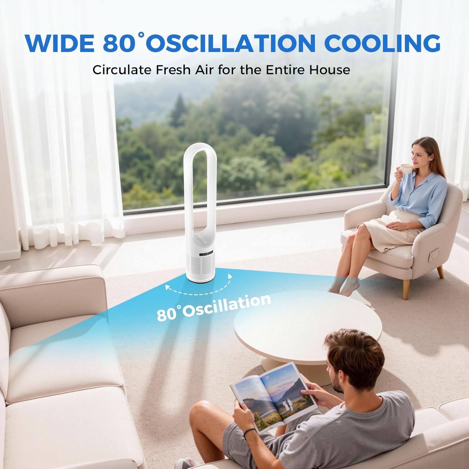 WIDE 80° OSCILLATION COOLING  
Circulate Fresh Air for the Entire House  

80° Oscillation