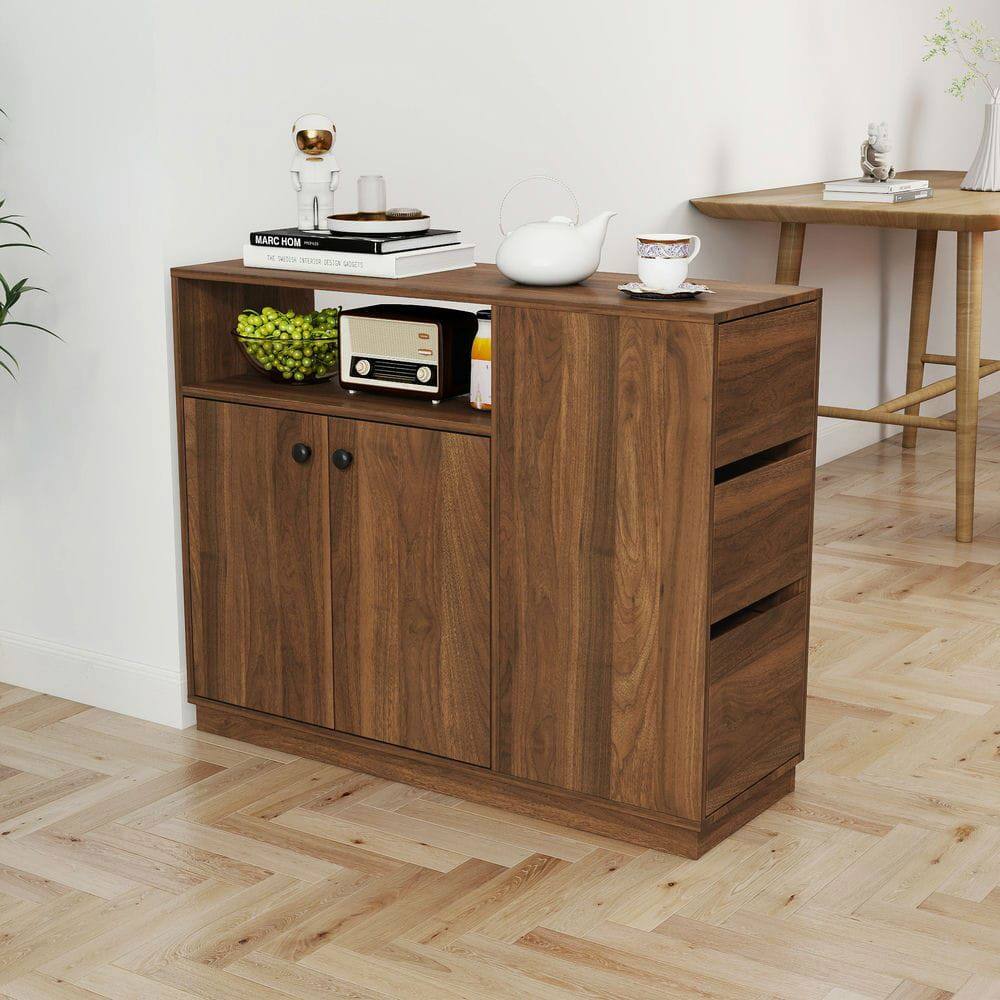 Alt View 10. Kadyn - Kitchen Sideboard, Tabletop Cabinet with 2 Glass Sliding Door,3 Side Drawers and 1 small display shelves, Brown - Brown.