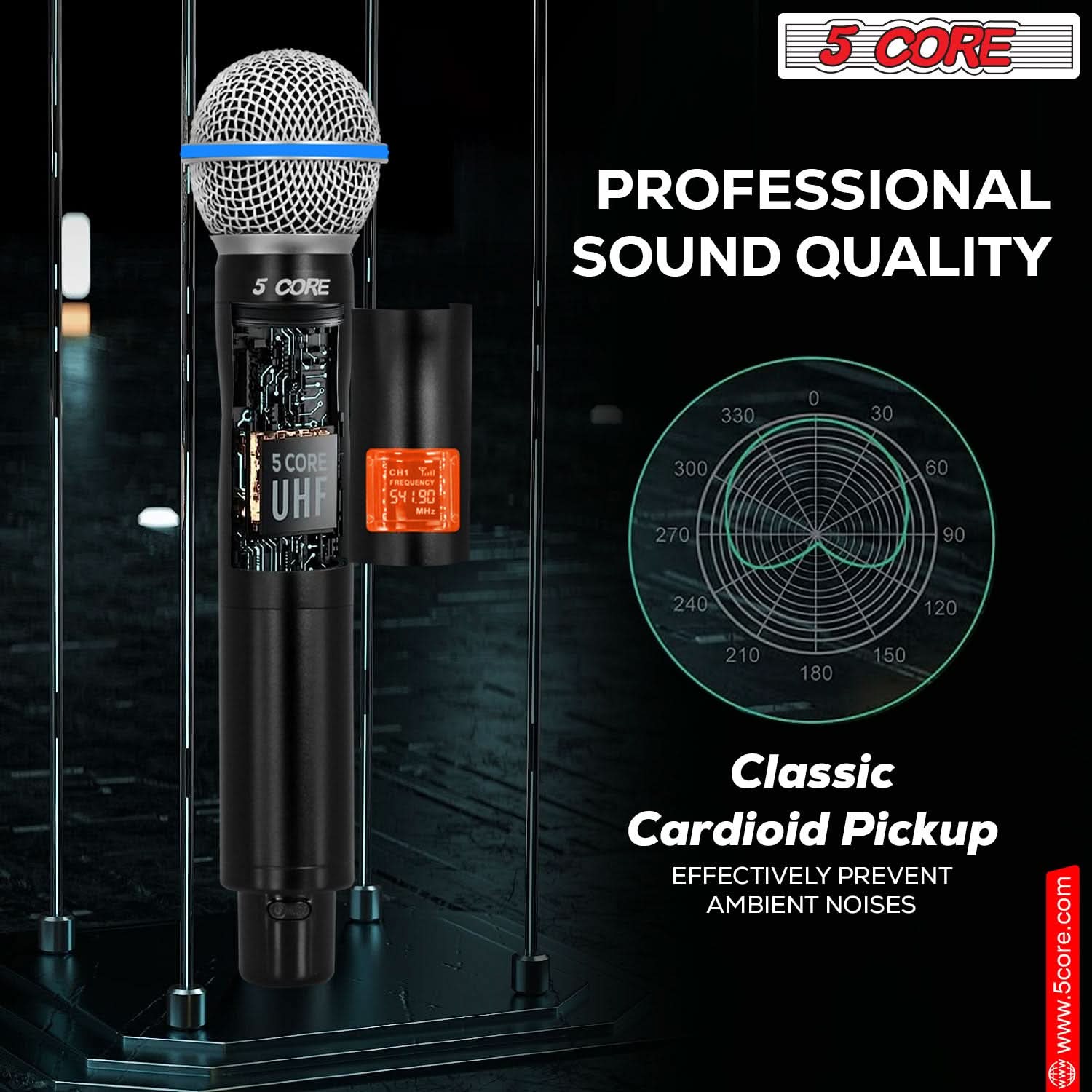 5 CORE, 5 CORE PROFESSIONAL SOUND QUALITY, 330, 0, 30, 5 CORE UHF, 5 CORE, 270, 240, 60, 90, 120, 210, 180, 150, Classic Cardioid Pickup, EFFECTIVELY PREVENT AMBIENT NOISES, www.5core.com