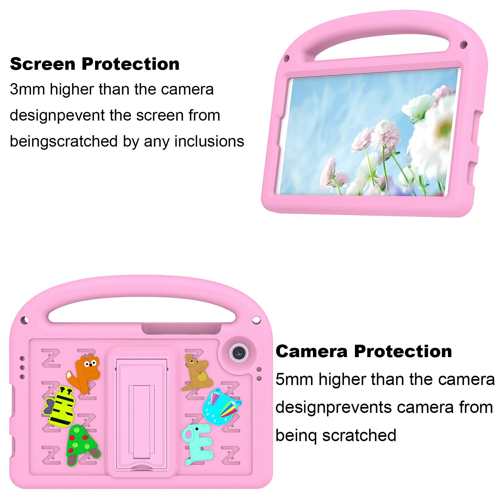 Screen Protection  
3mm higher than the camera design prevents the screen from being scratched by any inclusions

Camera Protection  
5mm higher than the camera design prevents camera from being scratched