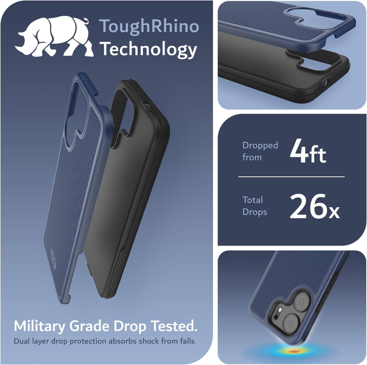 ToughRhino Technology

Dropped from 4ft  
Total Drops 26x

Military Grade Drop Tested.  
Dual layer drop protection absorbs shock from falls