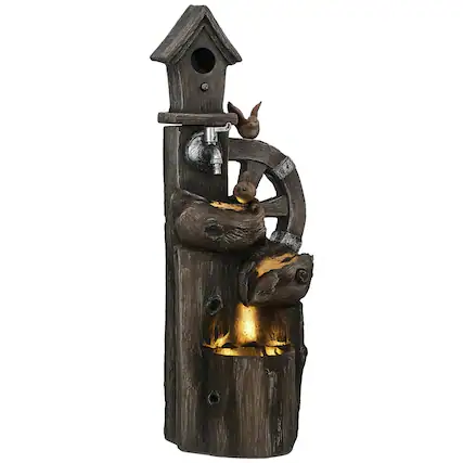 Front. Outsunny - Outdoor Water Fountain, Decorative Garden Birdhouse, 3-Tier Cascading Waterfall with LED Lights - Mixed Color.